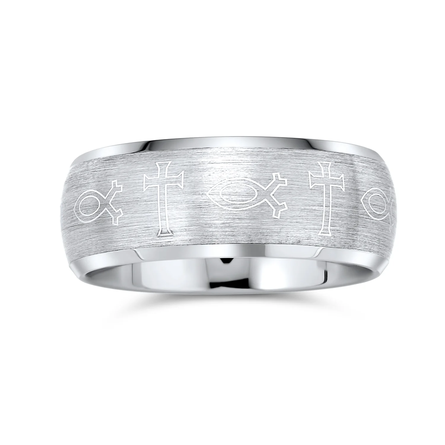 Religious Ichthys Jesus Fish Titanium Wedding Band Cross Ring Matte Silver - Image 2