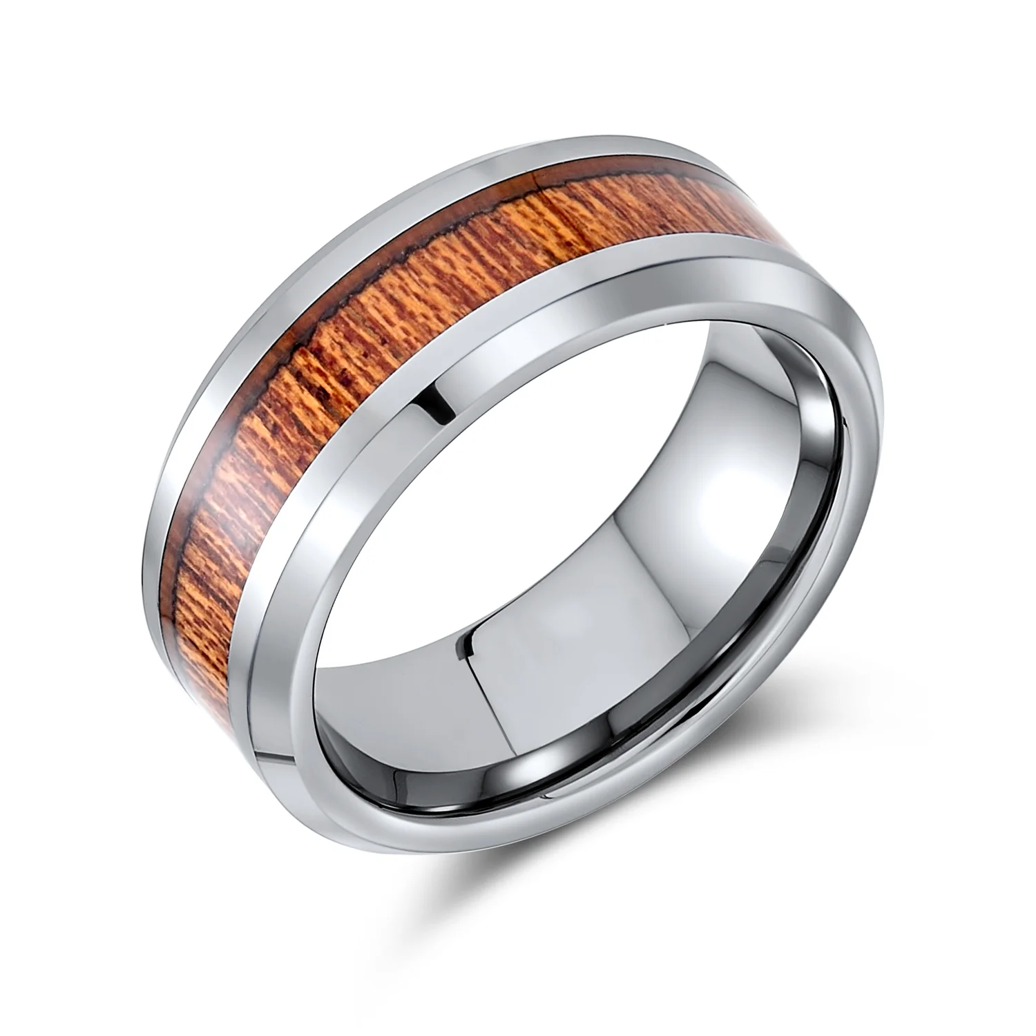 Titanium Wedding Band Ring with Koa Wood Inlay and Silver Tone Comfort Fit