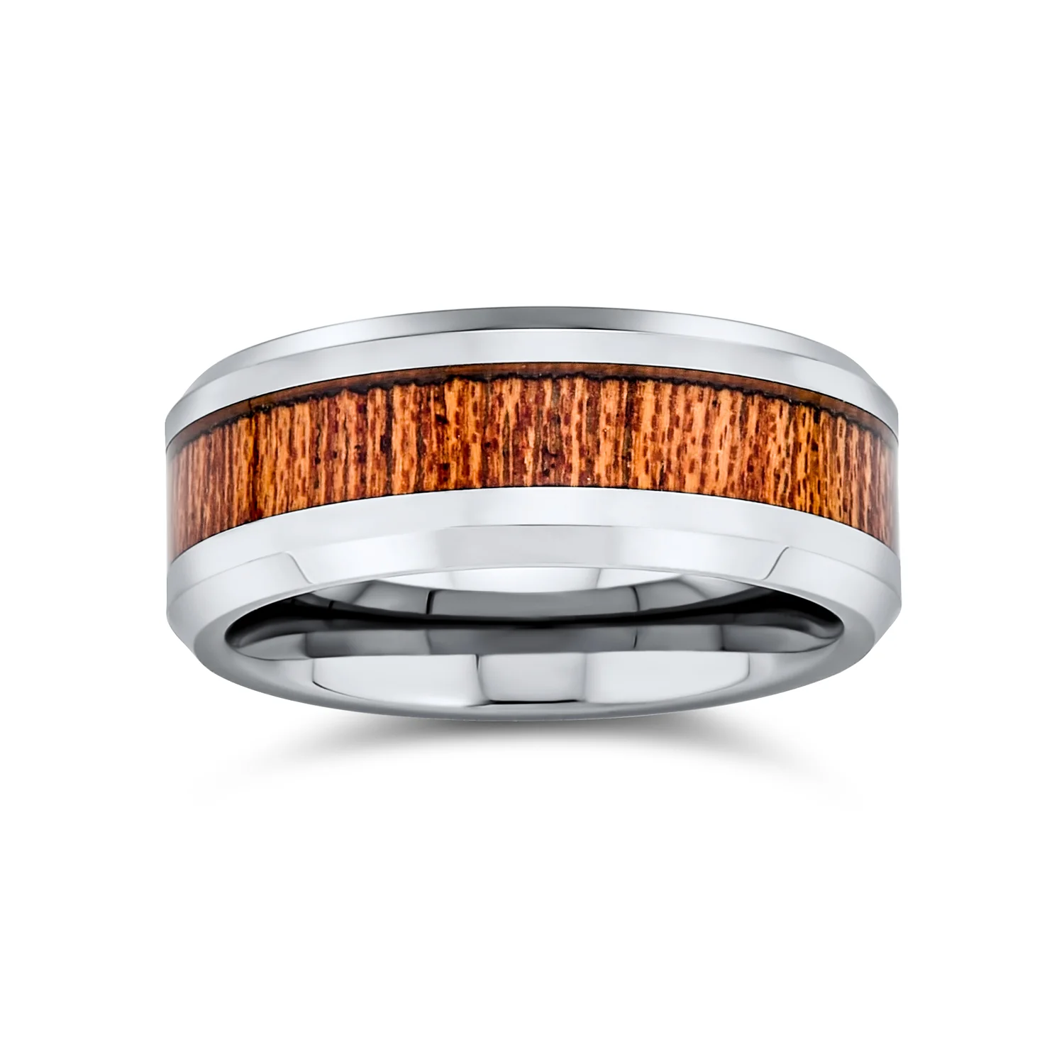 Titanium Wedding Band Ring with Koa Wood Inlay and Silver Tone Comfort Fit - Image 3