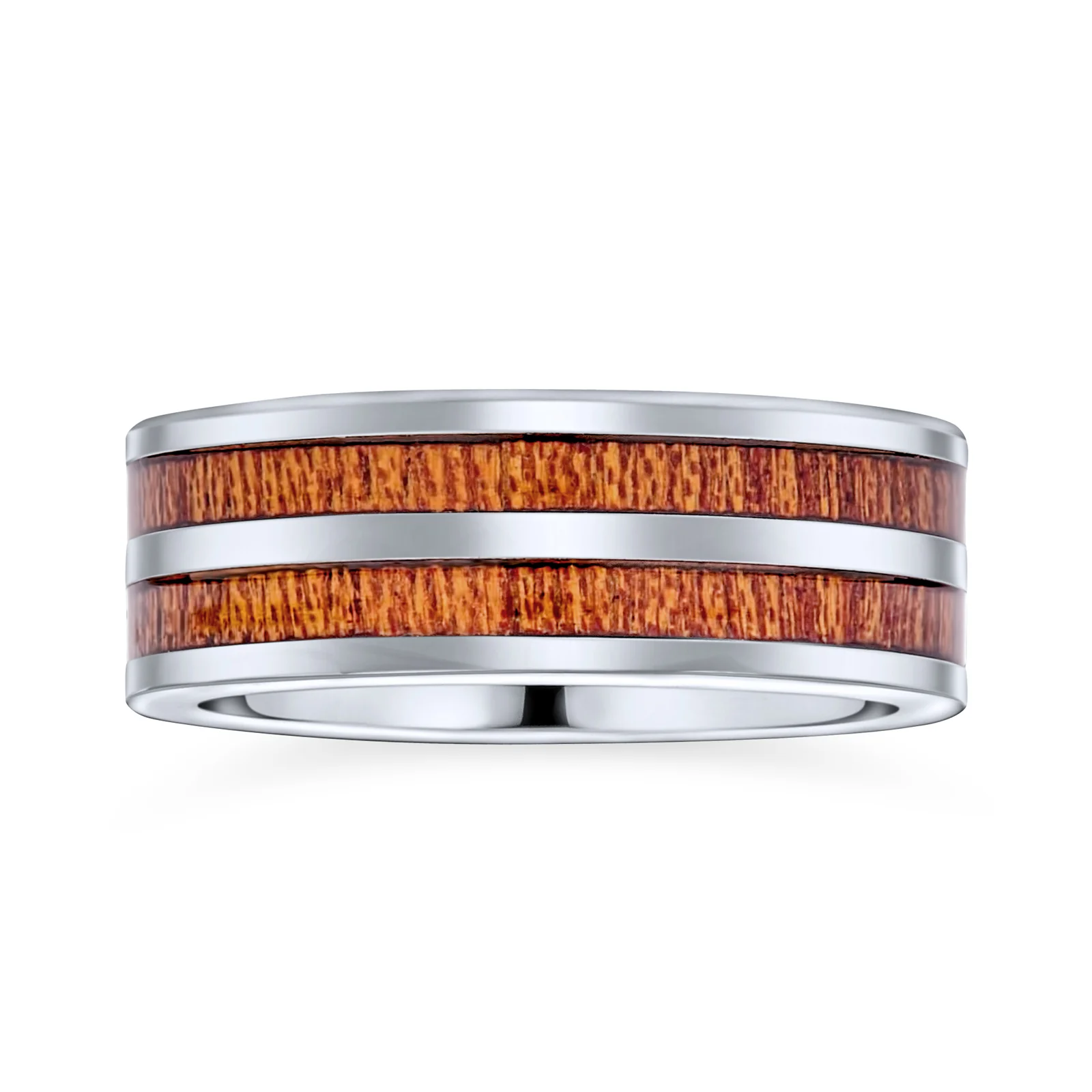Titanium Wedding Band Ring Double Row Koa Wood Inlay and Silver Tone Comfort Fit - Image 2