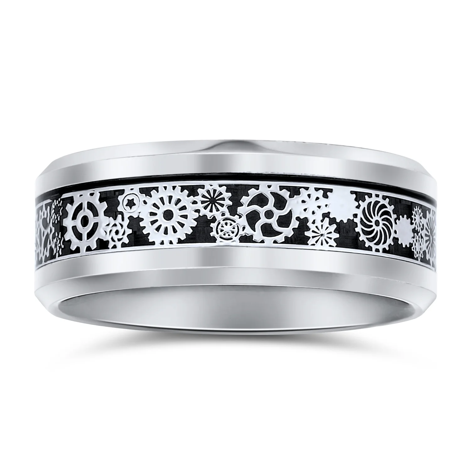 Steampunk Gear Wheel Silver Plated Titanium Ring Band Carbon Fiber Inlay - Image 3