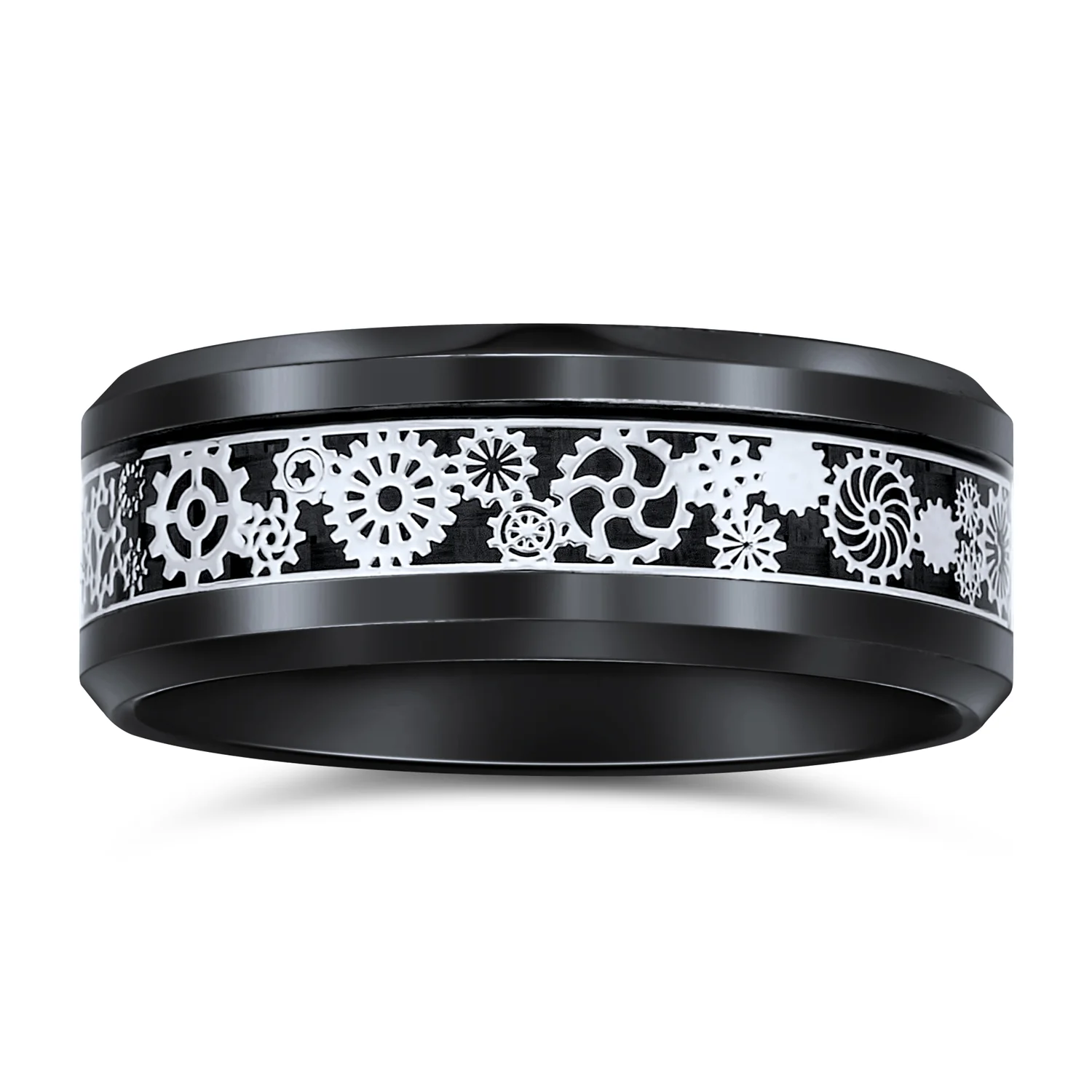 Steampunk Gear Wheel Silver Plated Titanium Ring Band Carbon Fiber Inlay - Image 4