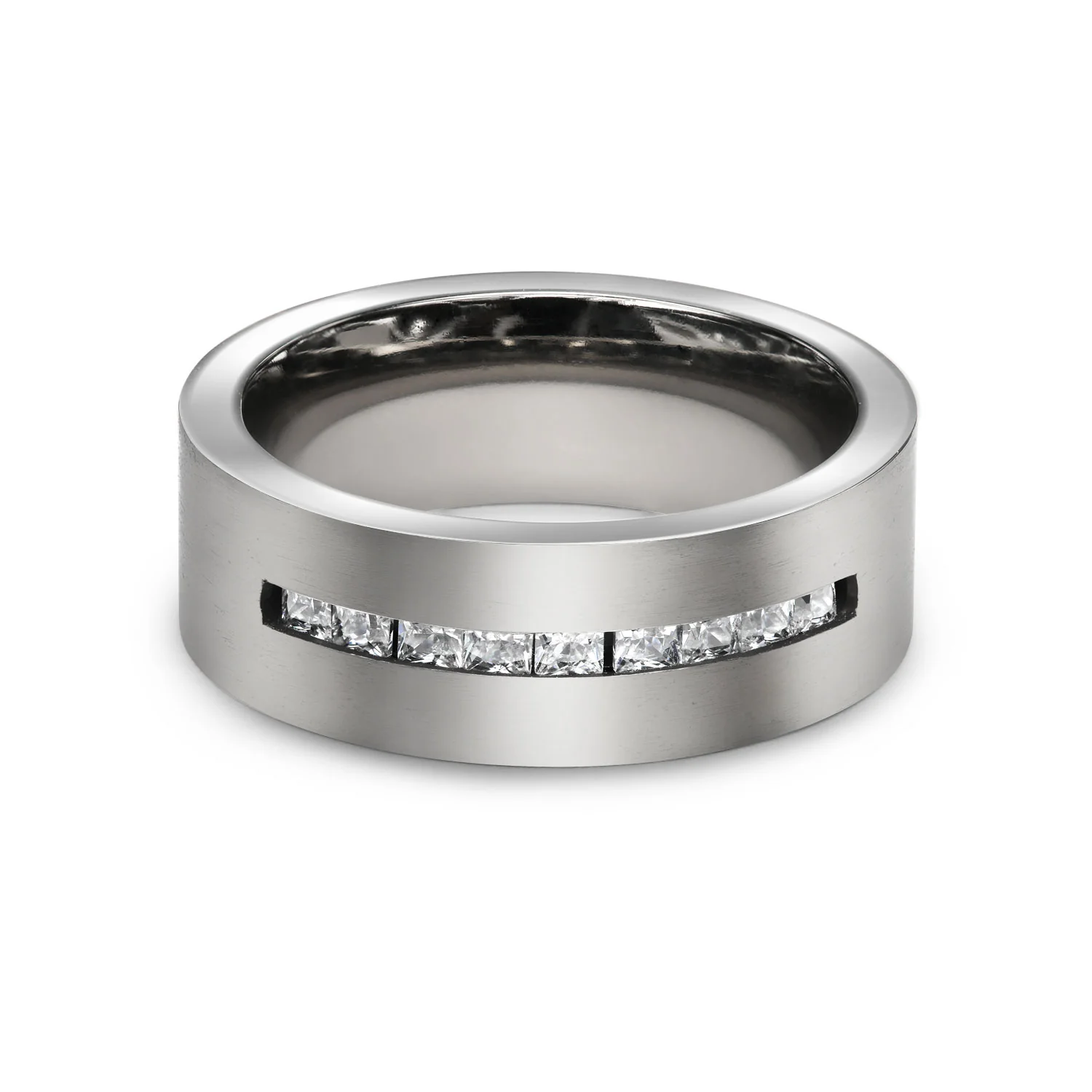 Wide CZ Channel Set Titanium Wedding Band Ring for Men Silver Tone Titanium - Image 3