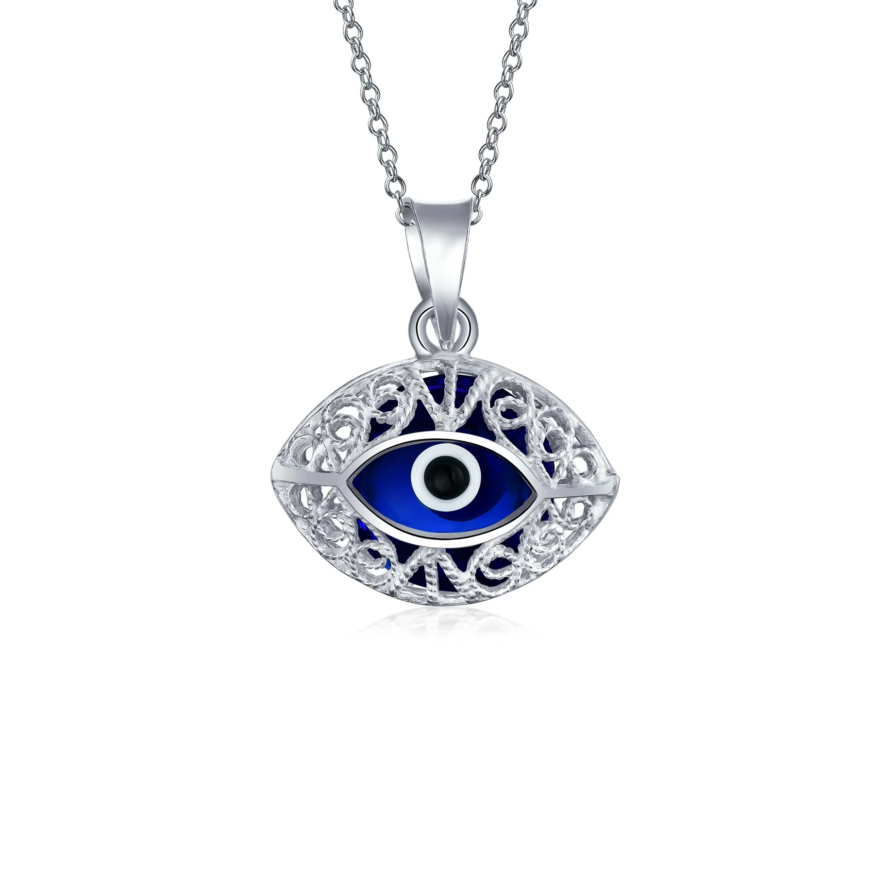 Turkish Nazar Blue Evil Eye Filigree Charm Pendant Necklace Sterling Silver - Image 2