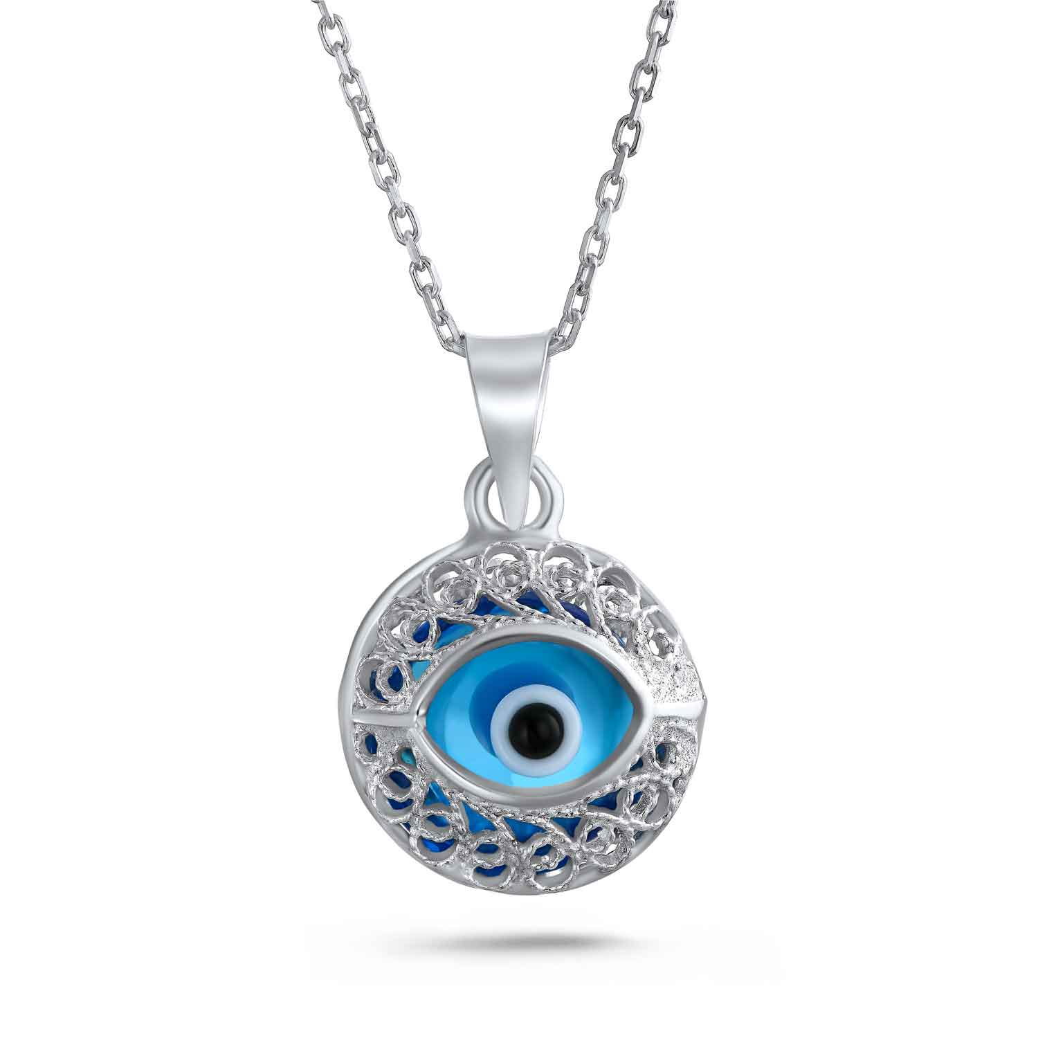 Spiritual Protection Amulet Round Circle Moving Floating Blue Evil Eye Filigree Charm Pendant Necklace Sterling Silver