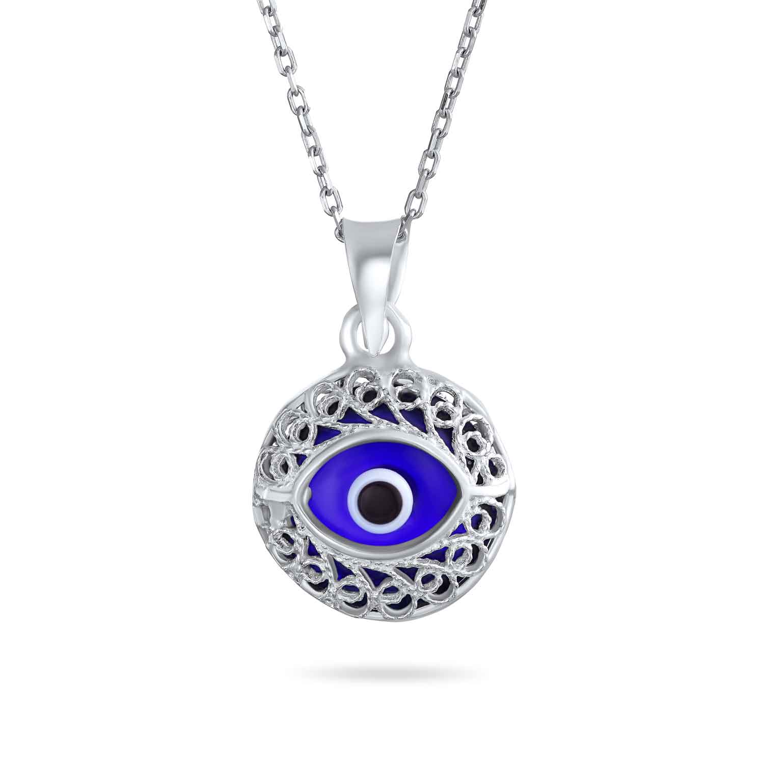 Spiritual Protection Amulet Round Circle Moving Floating Blue Evil Eye Filigree Charm Pendant Necklace Sterling Silver - Image 2