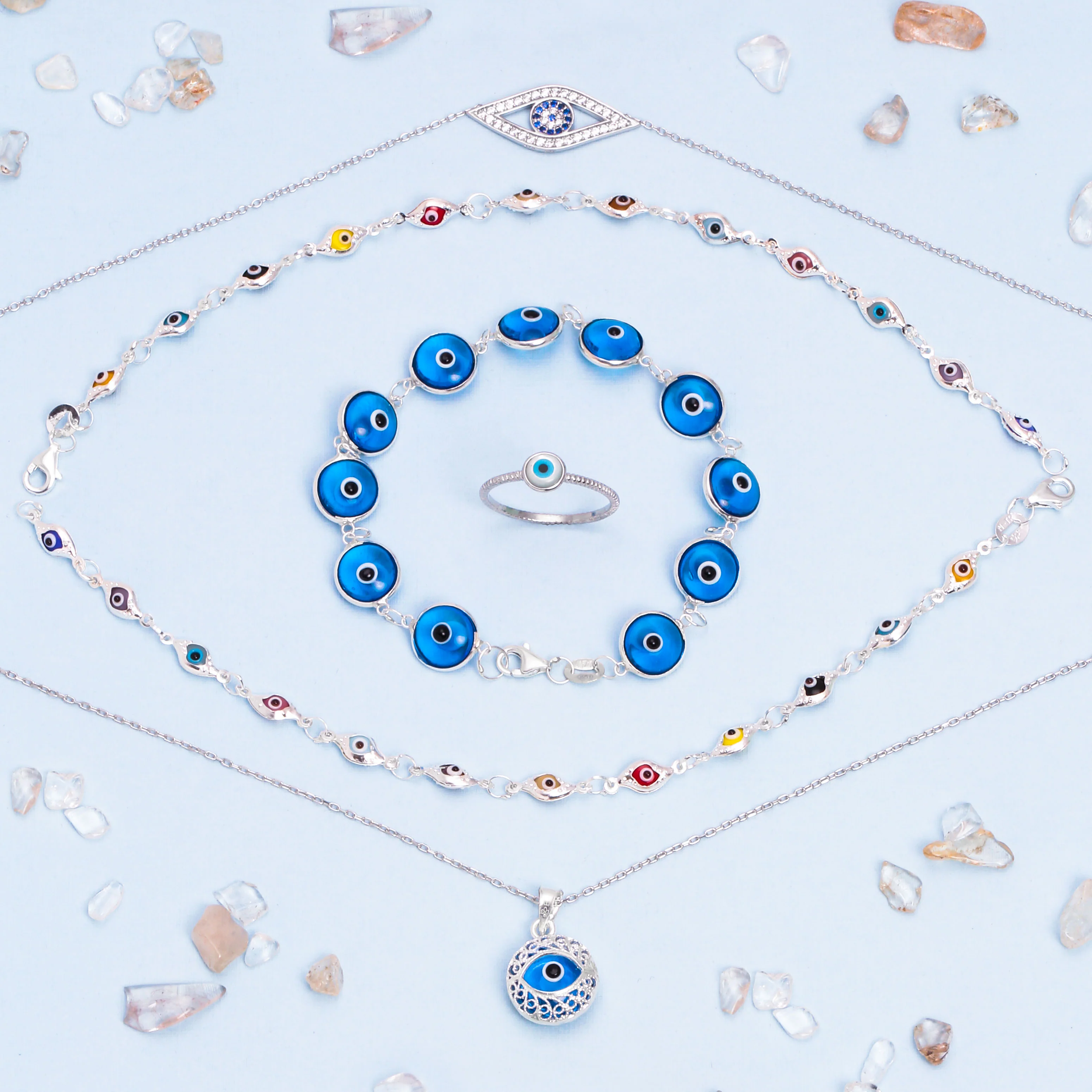 Spiritual Protection Amulet Round Circle Moving Floating Blue Evil Eye Filigree Charm Pendant Necklace Sterling Silver - Image 9