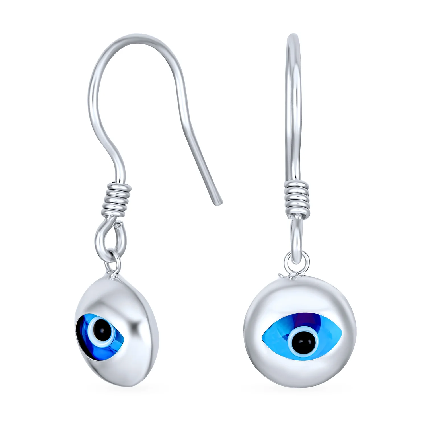 Turkish Blue Evil Eye Round Dangling Earrings .925Sterling Silver