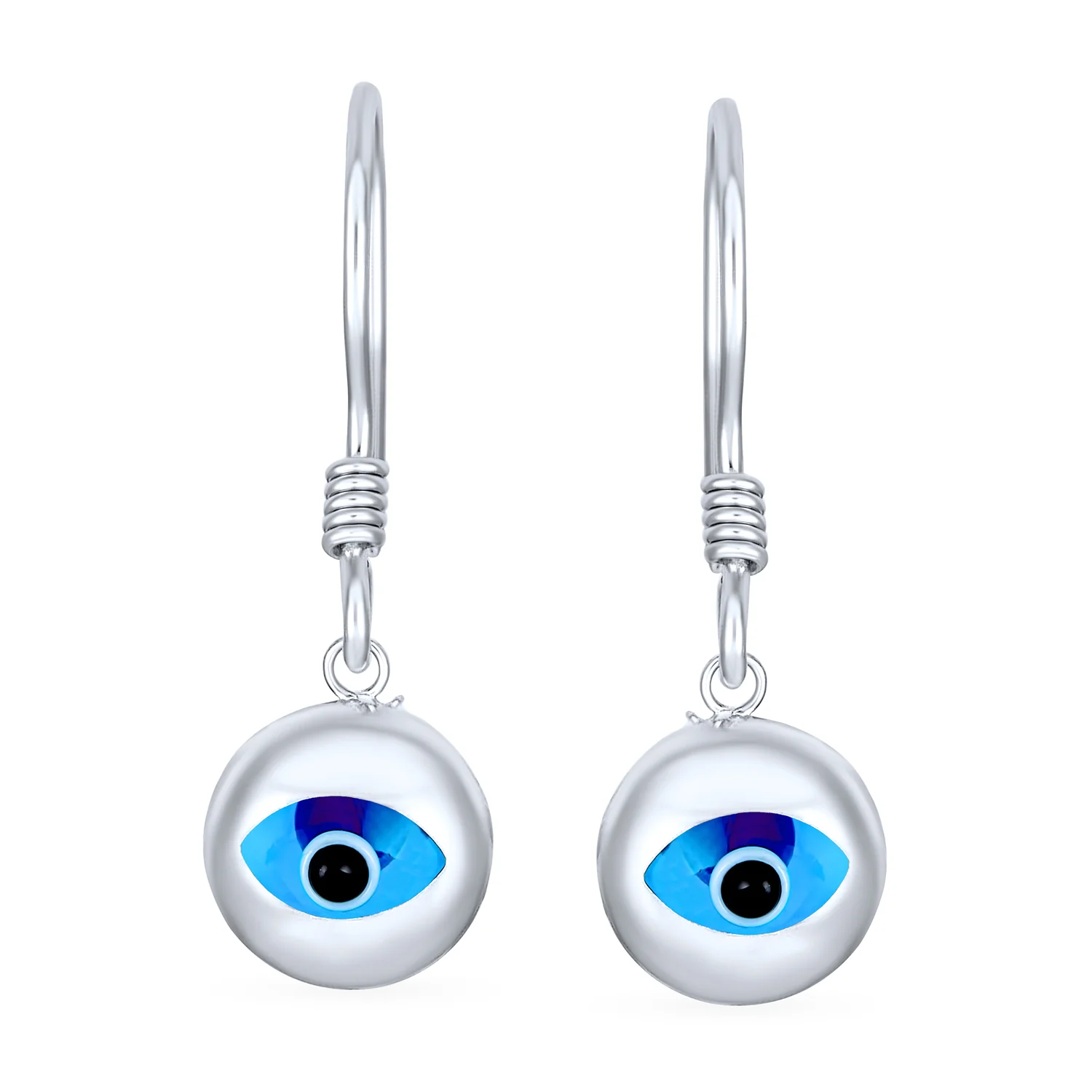 Turkish Blue Evil Eye Round Dangling Earrings .925Sterling Silver - Image 2