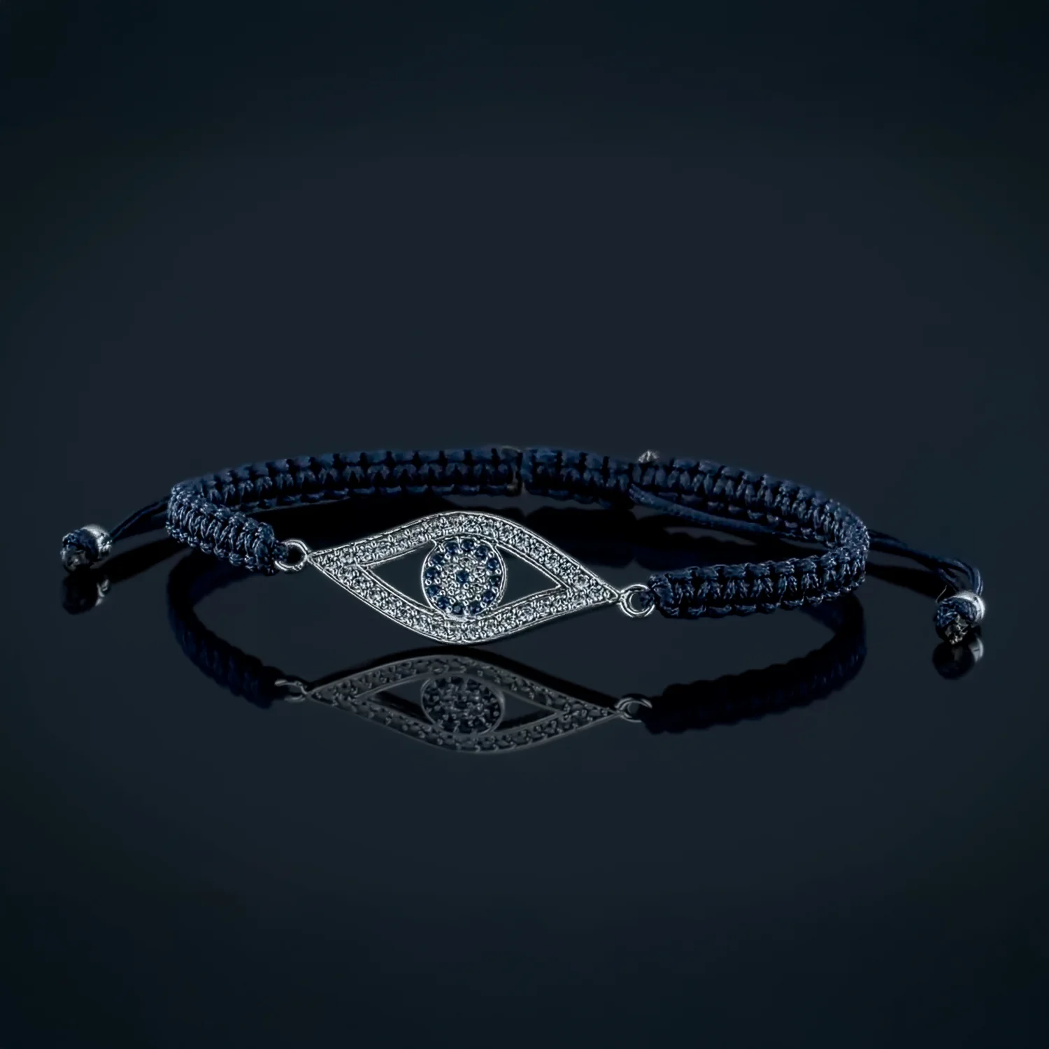 Turkish Blue Evil Eye Strand Bracelet with CZ Accents and Blue Braided Cord - Image 3