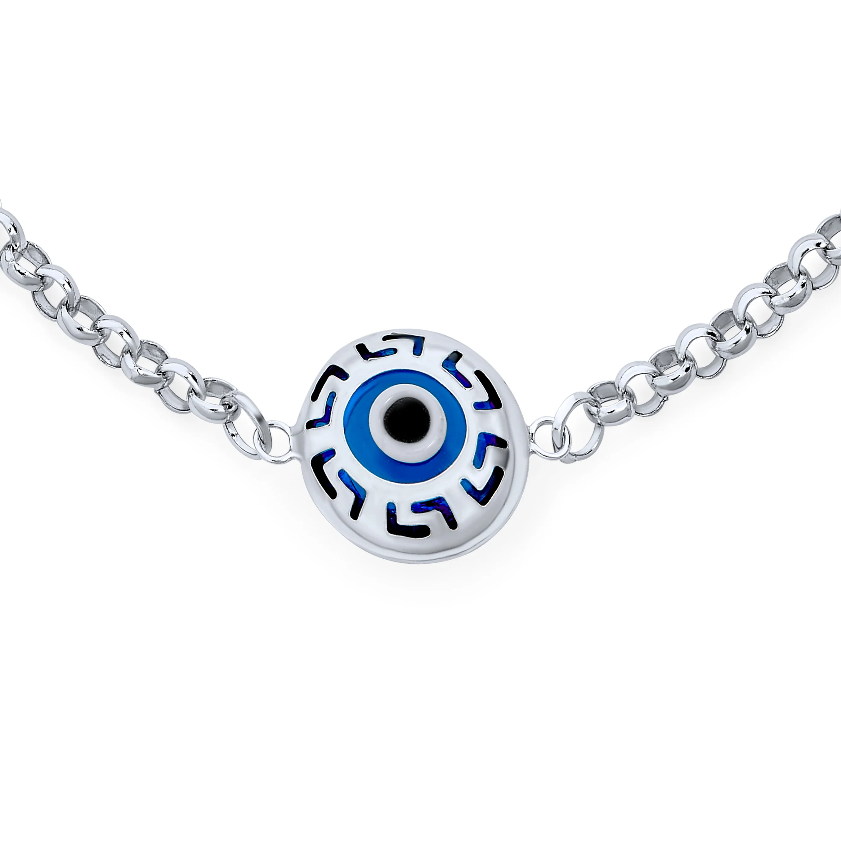 Turkish Protection Blue Evil Eye Multi Charms Bracelet with Greek Motif .925 Sterling Silver 7.5" - Image 2
