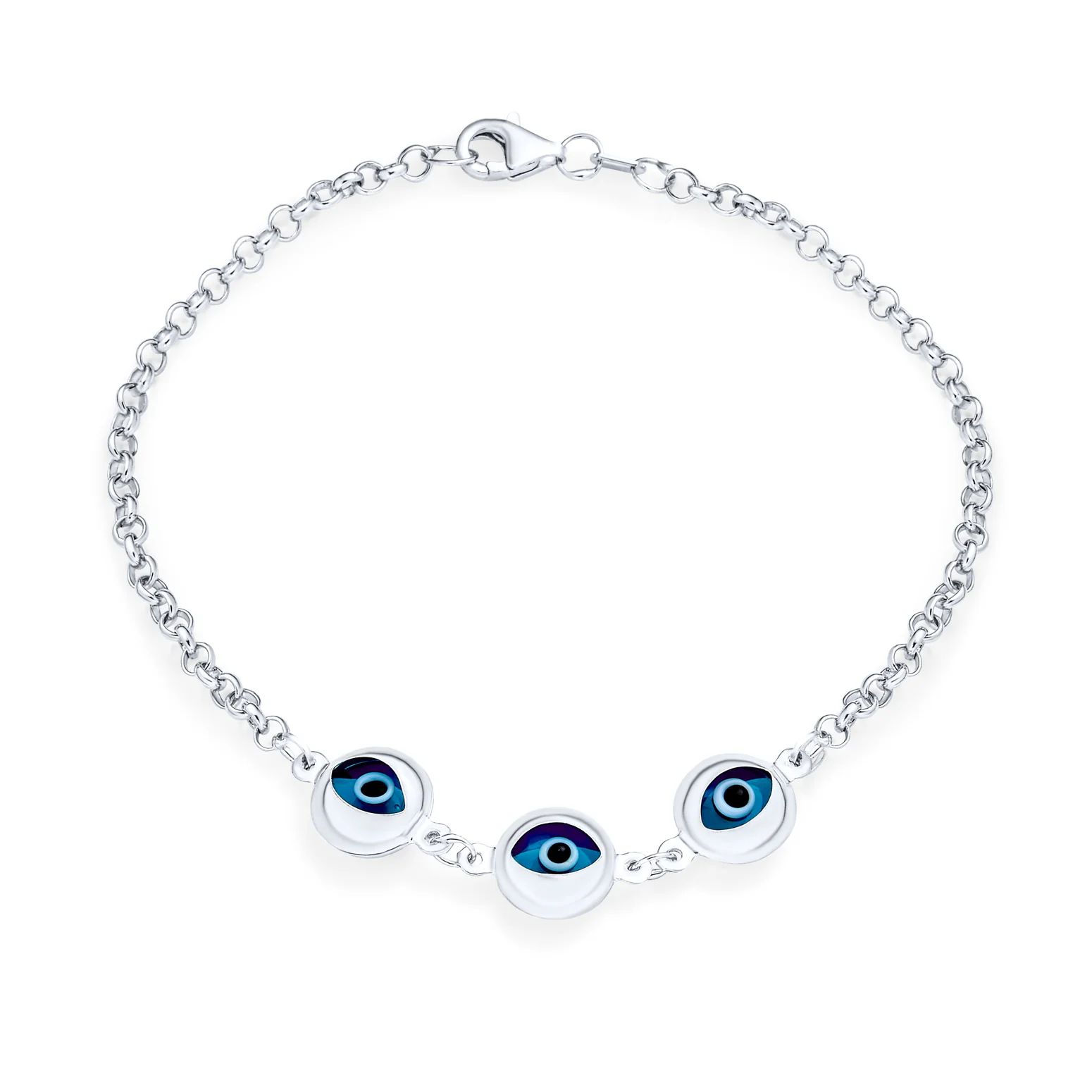 Turkish Translucent Blue Evil Eye Charm Link Bracelet Sterling Silver