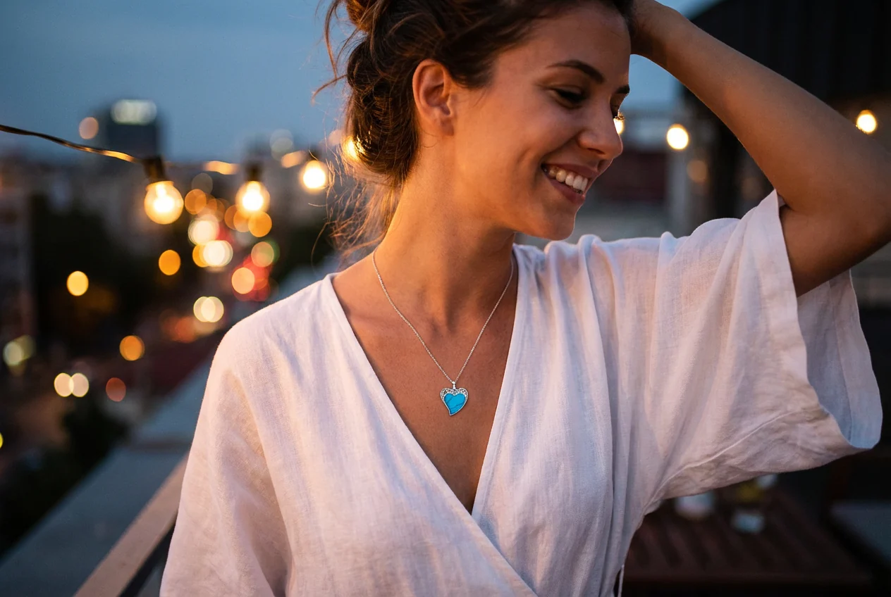 Romantic Statement Large Filigree Natural Turquoise Heart Shape Pendant Necklace Sterling Silver - Image 3