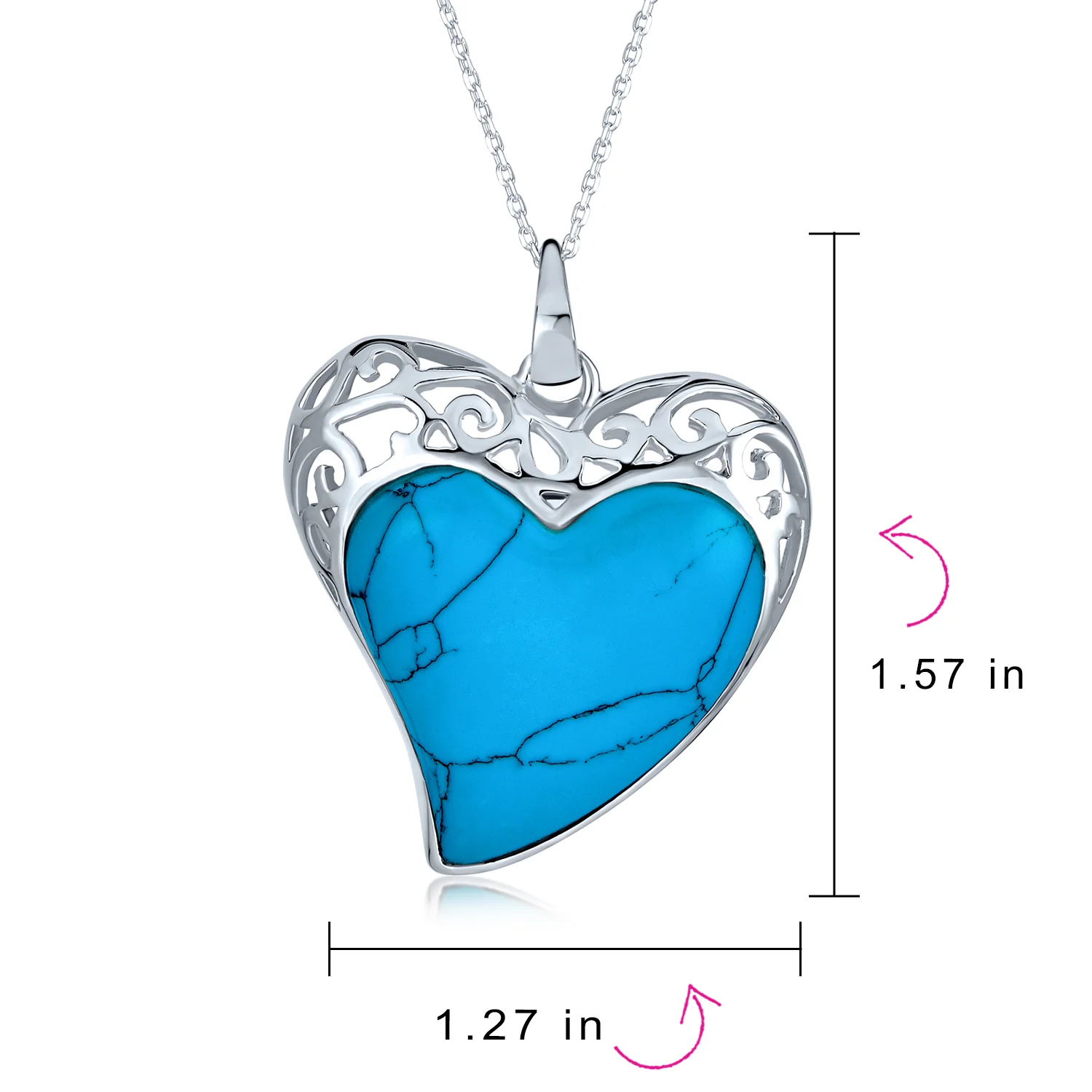 Romantic Statement Large Filigree Natural Turquoise Heart Shape Pendant Necklace Sterling Silver - Image 4