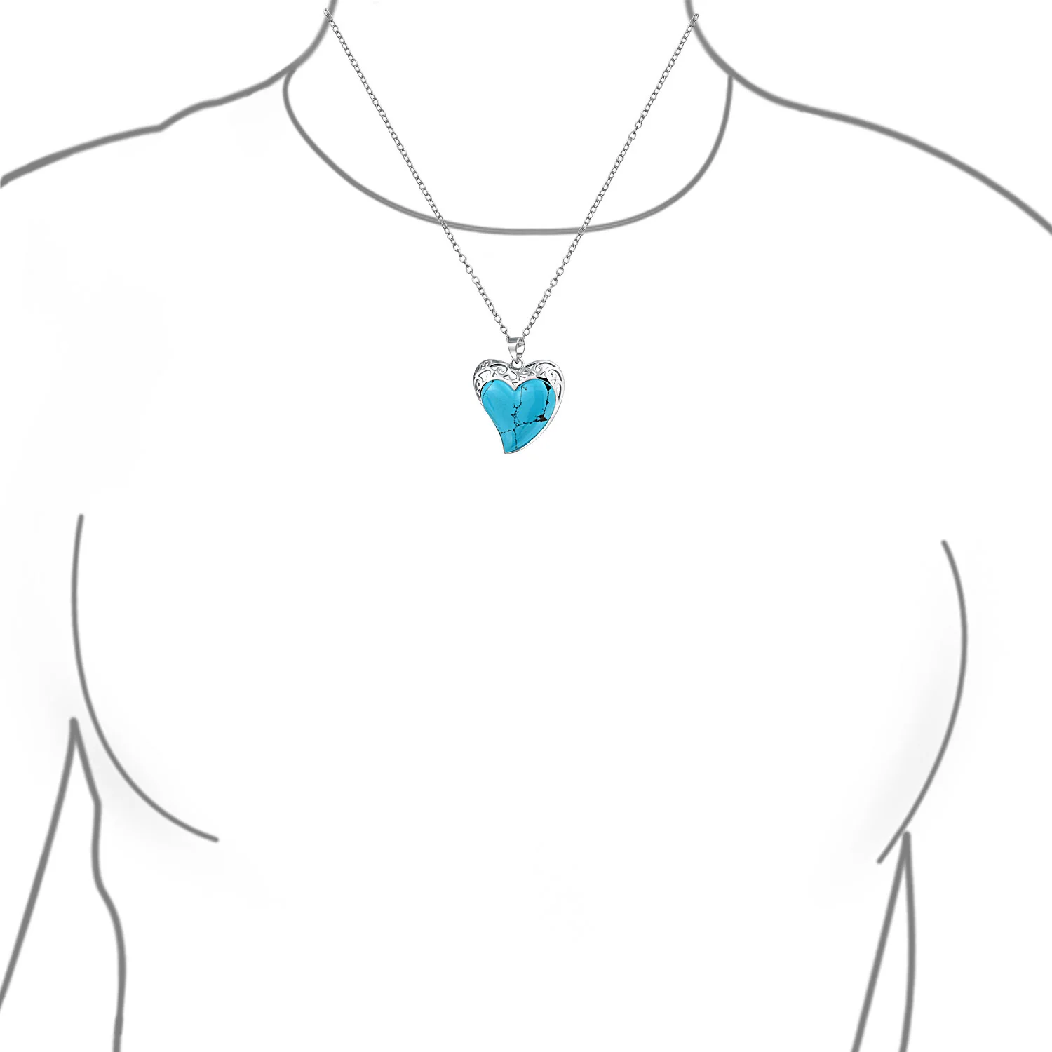 Romantic Statement Large Filigree Natural Turquoise Heart Shape Pendant Necklace Sterling Silver - Image 5