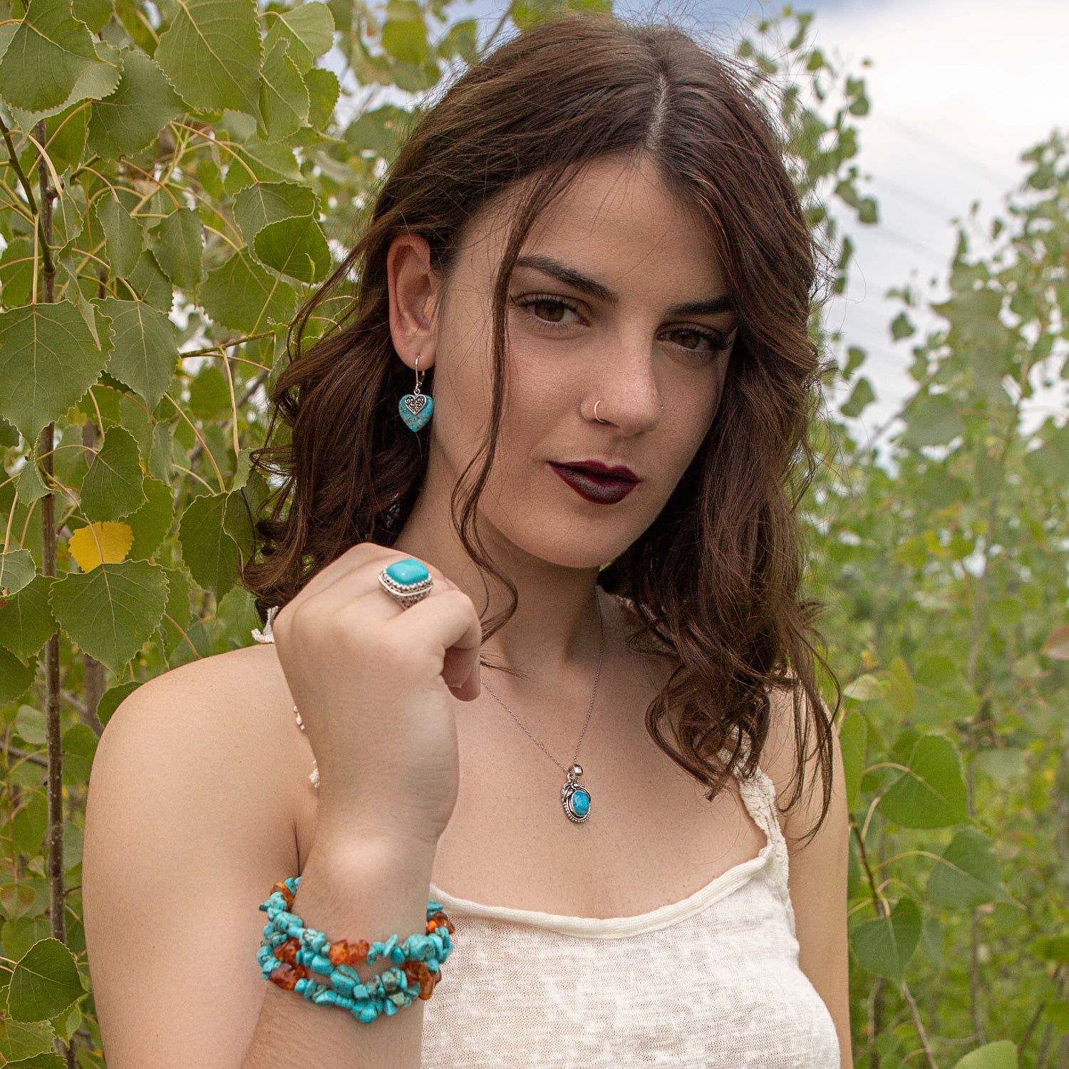 Southwest Gemstone Turquoise Leaf Feather Pendant Necklace in Sterling Silver - Image 6