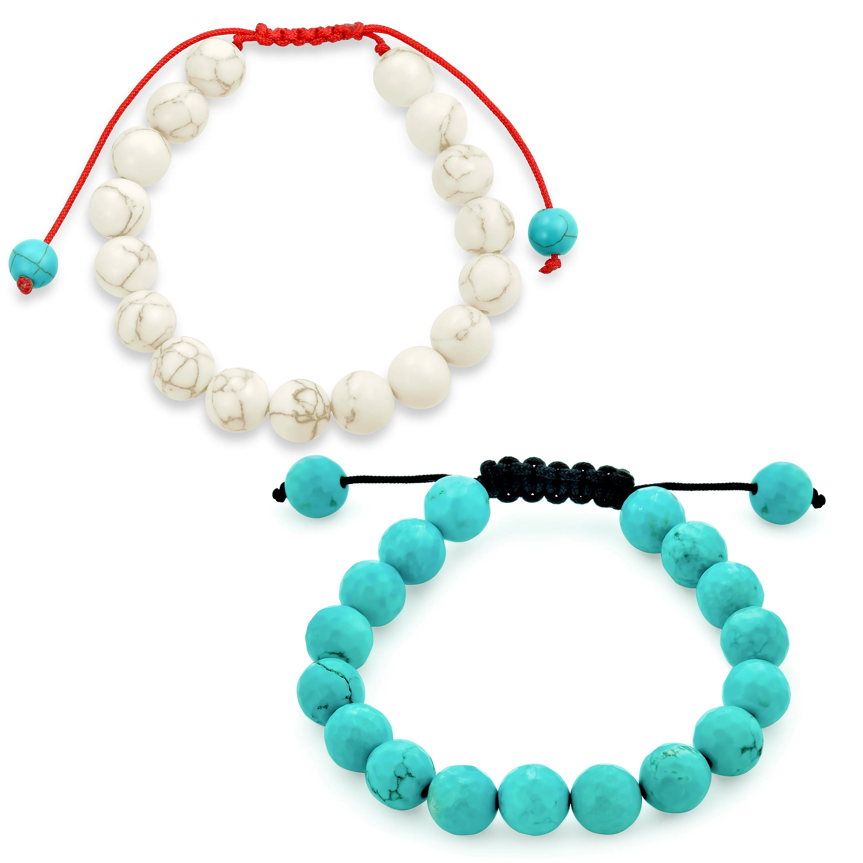 Set of 2 Blue Turquoise White Howlite Gemstone Beads Strand Bracelet Adjustable