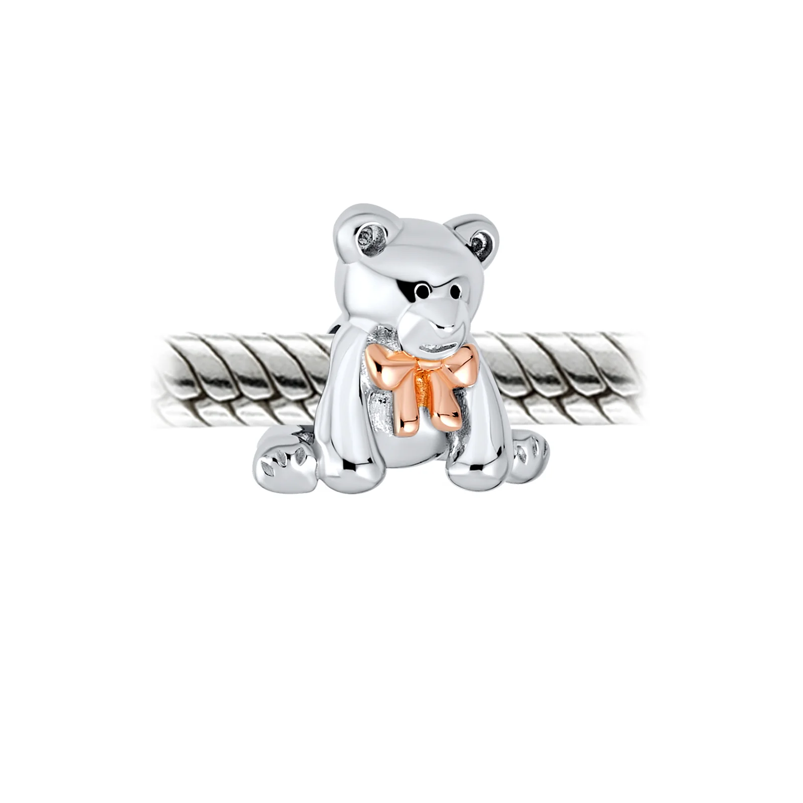 Tween Daughter Charm Bead Teddy Bear with Pink Bow Two-Tone Rose Gold Plated - Image 2