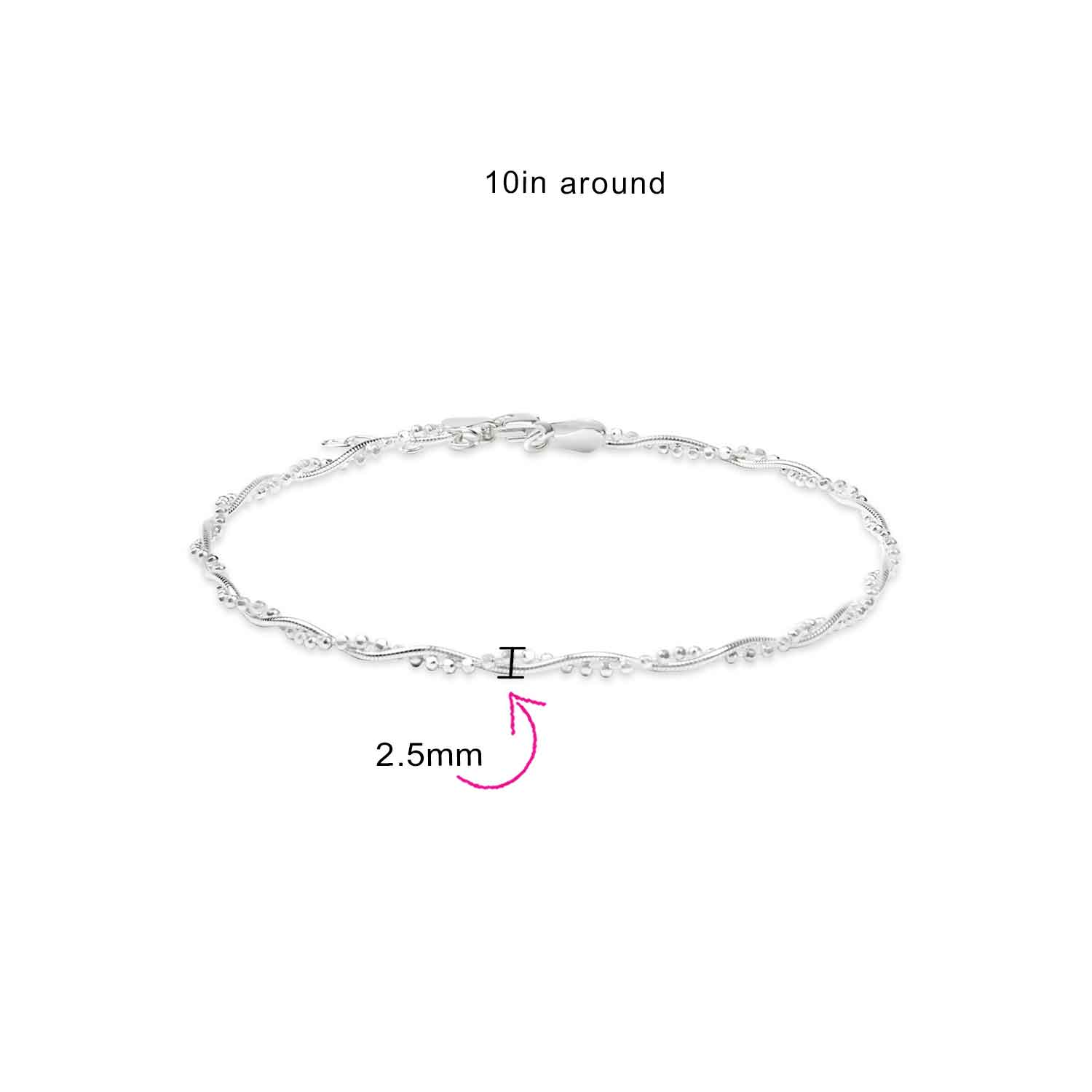 Twisted Bead Snake Chain Anklet Ankle Bracelet Sterling Silver 9-10" - Image 4