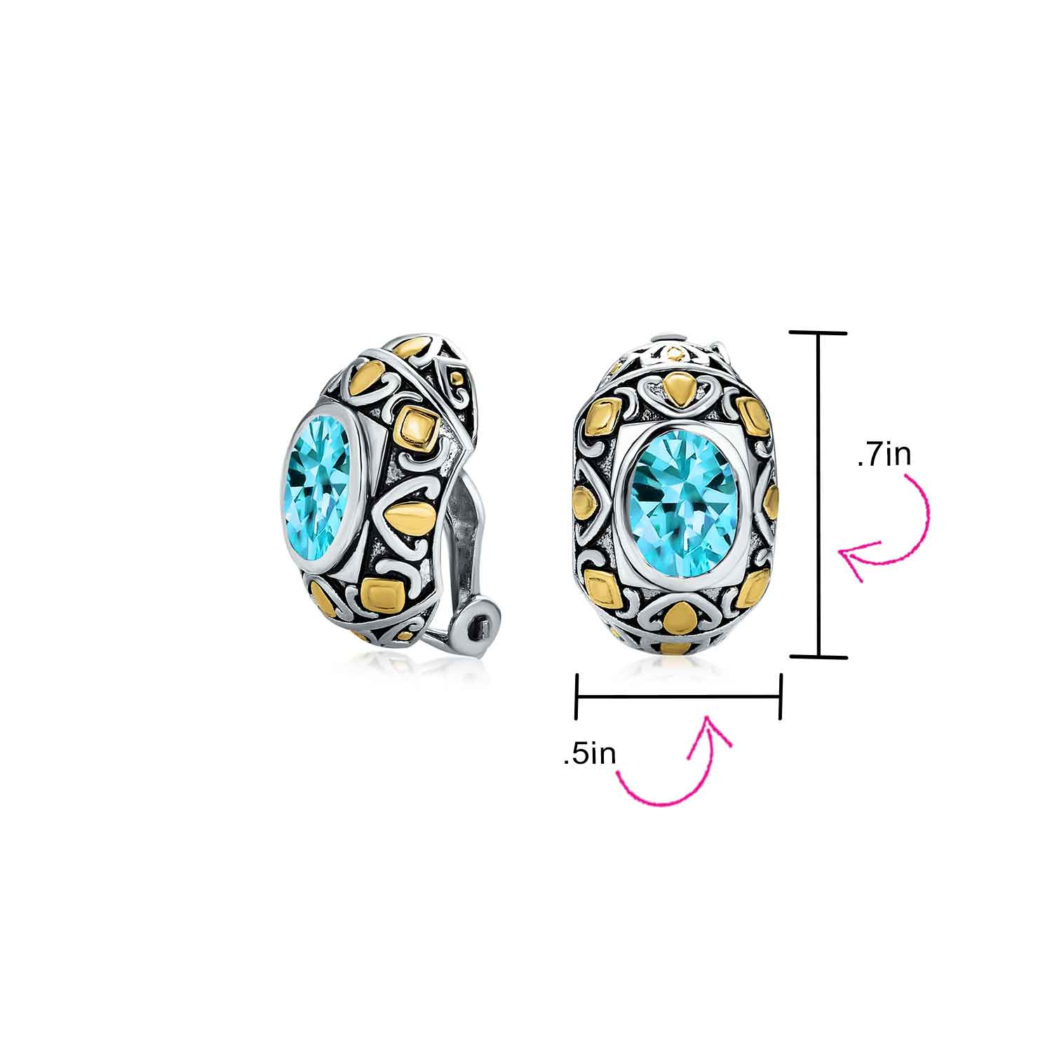 Two-Tone Bali Style Aqua Blue Oval Clip-On Earrings with Simulated Aquamarine CZ - Image 4