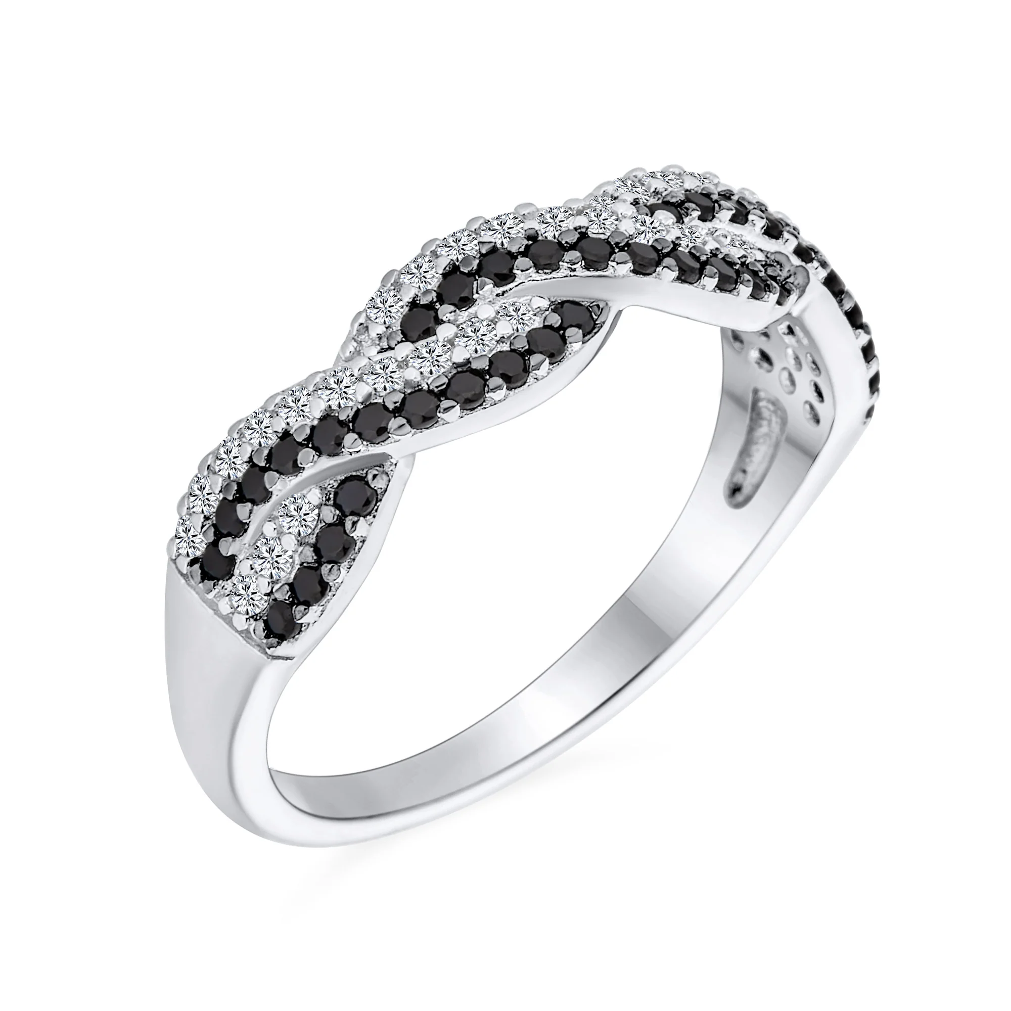 Intertwined Half Eternity Black & White CZ Infinity Band Ring Sterling Silver - Image 2