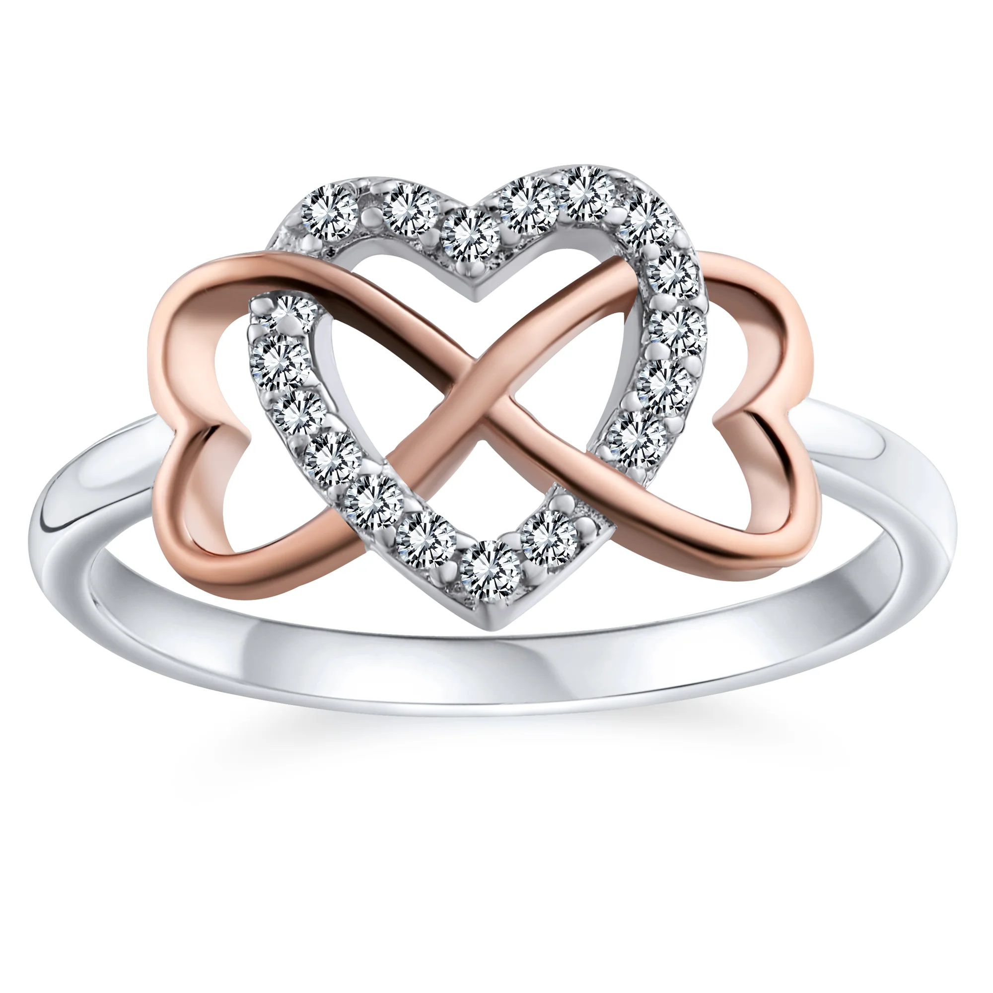 Romantic CZ Pave Cubic Zirconia Intertwined Infinity Forever Heart Promise Ring Rose Gold Sterling Silver
