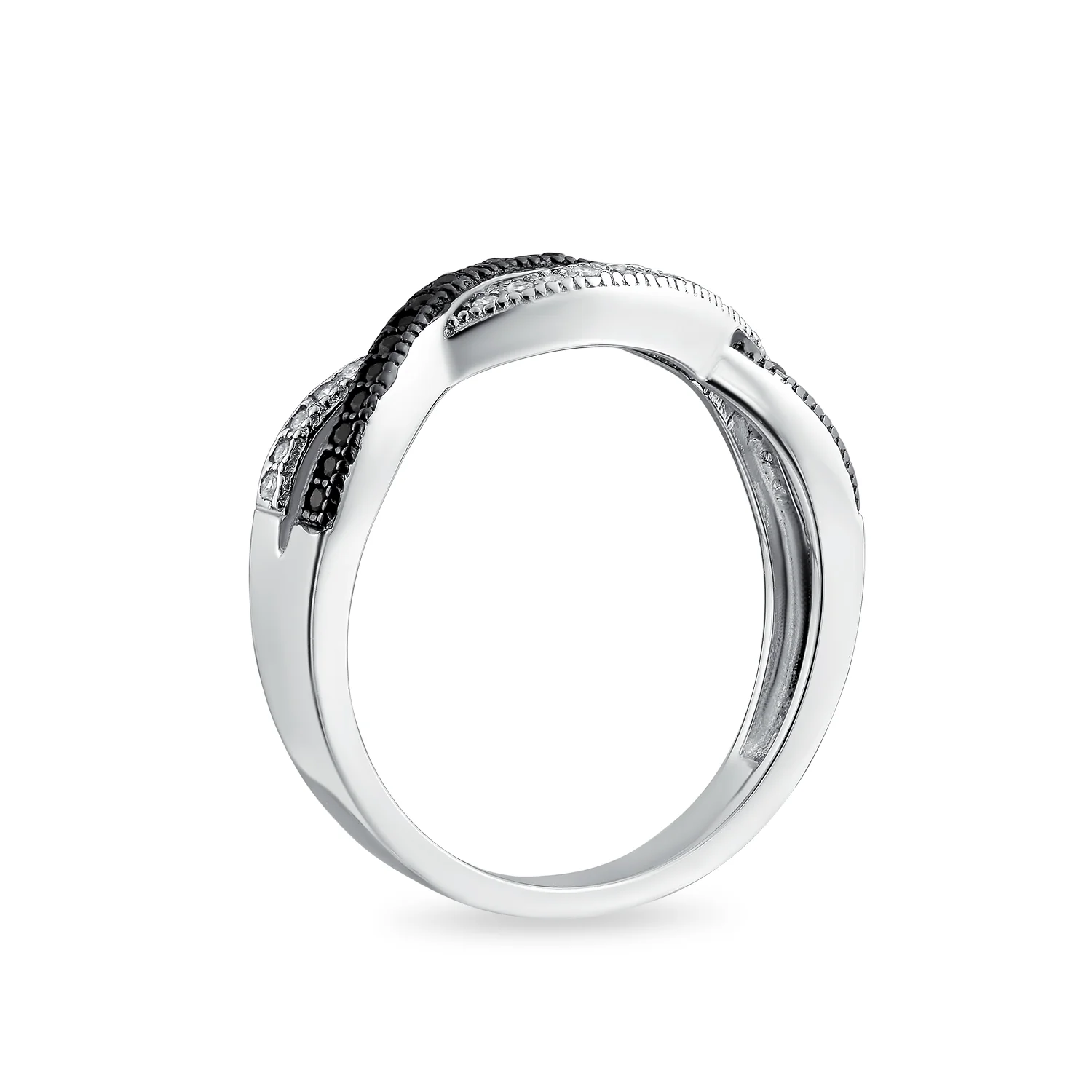 Two Tone CZ Cocktail Statement Ring: Black White Rope Twist Knot Sterling Silver - Image 2