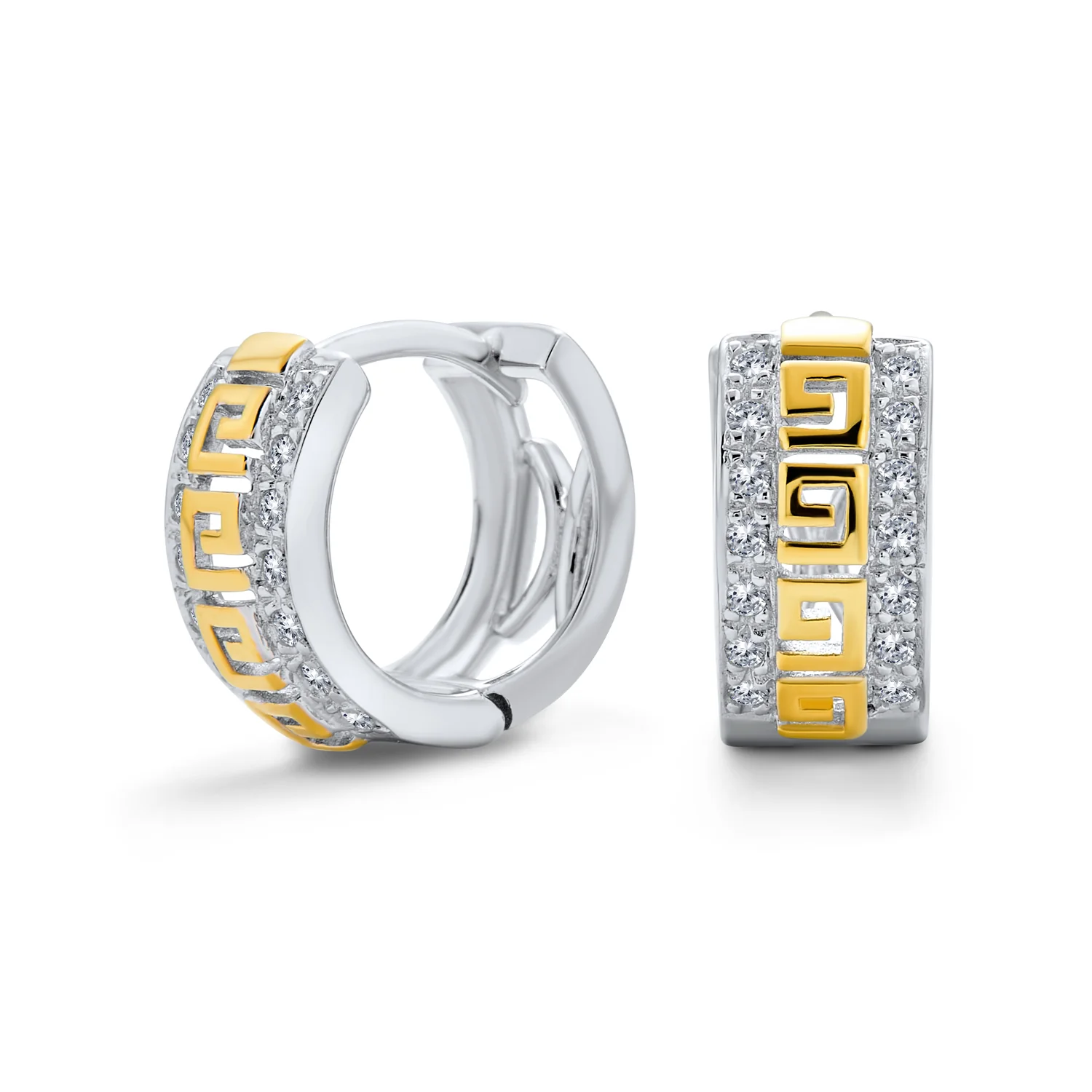 Two Tone Greek Key Cutout Huggies Hoop Earrings CZ Gold Plated Sterling Silver