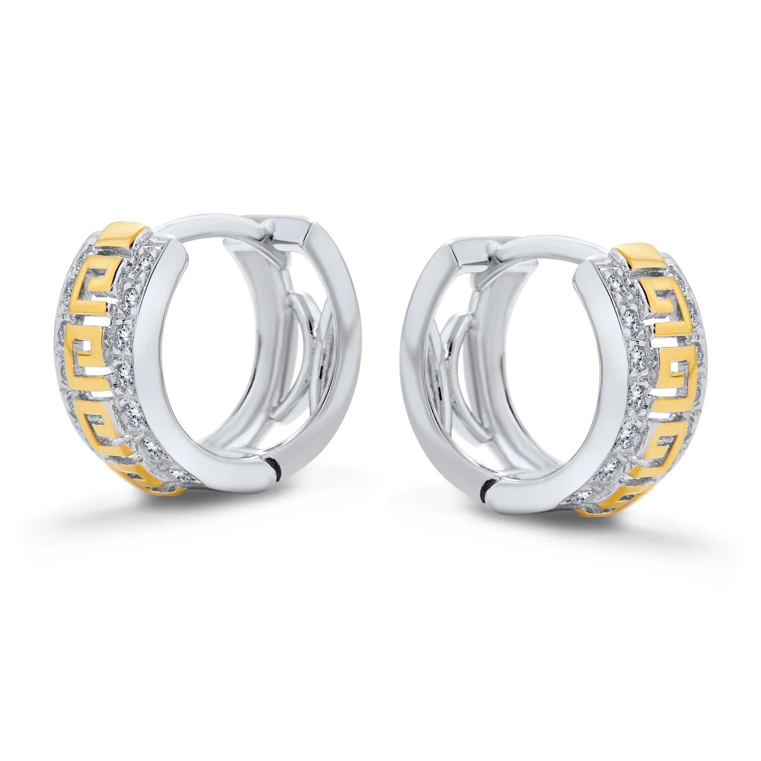 Two Tone Greek Key Cutout Huggies Hoop Earrings CZ Gold Plated Sterling Silver - Image 2