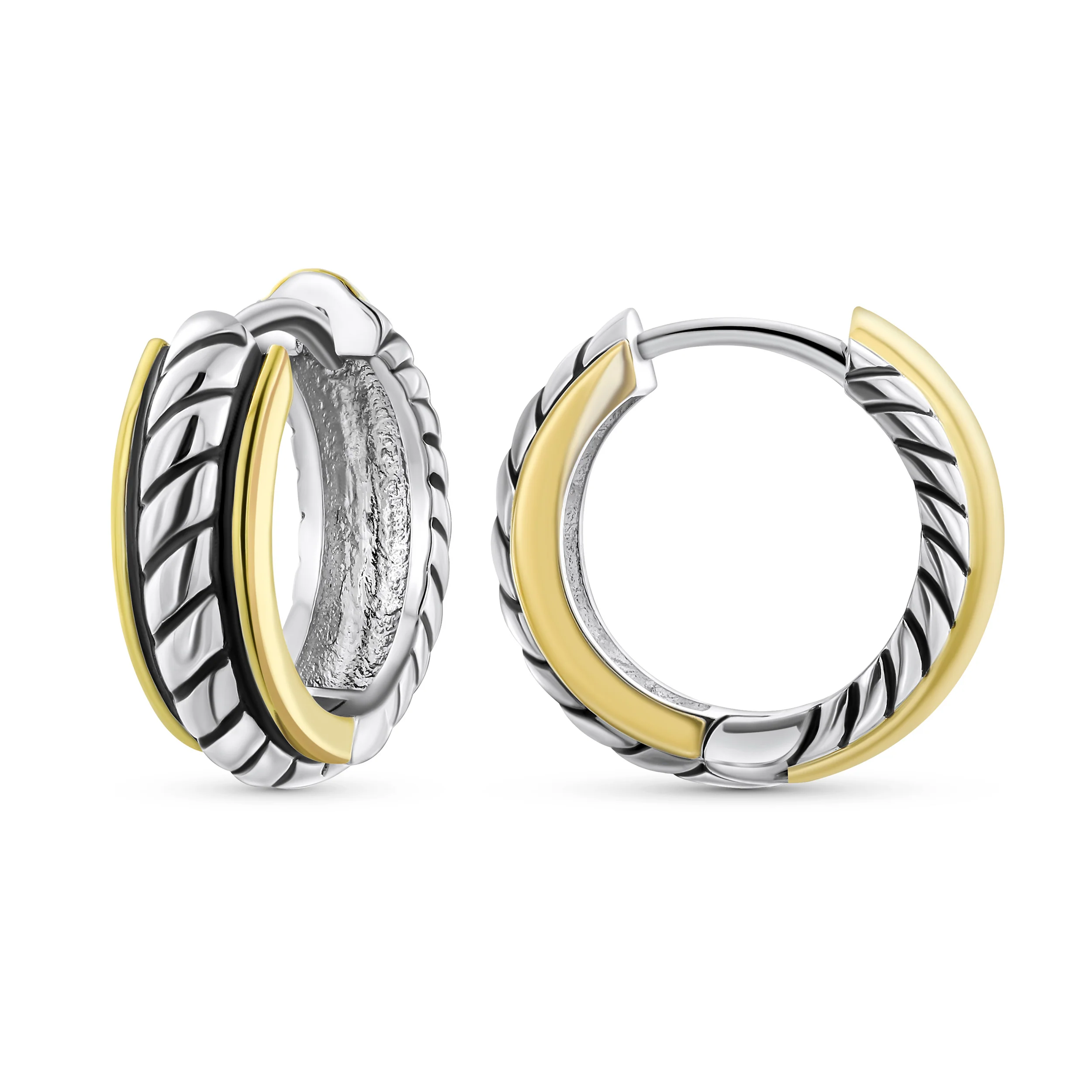 Two Tone Twist Cable Rope Hoop Huggie Earrings for Men Gold & Silver Plated - Image 2