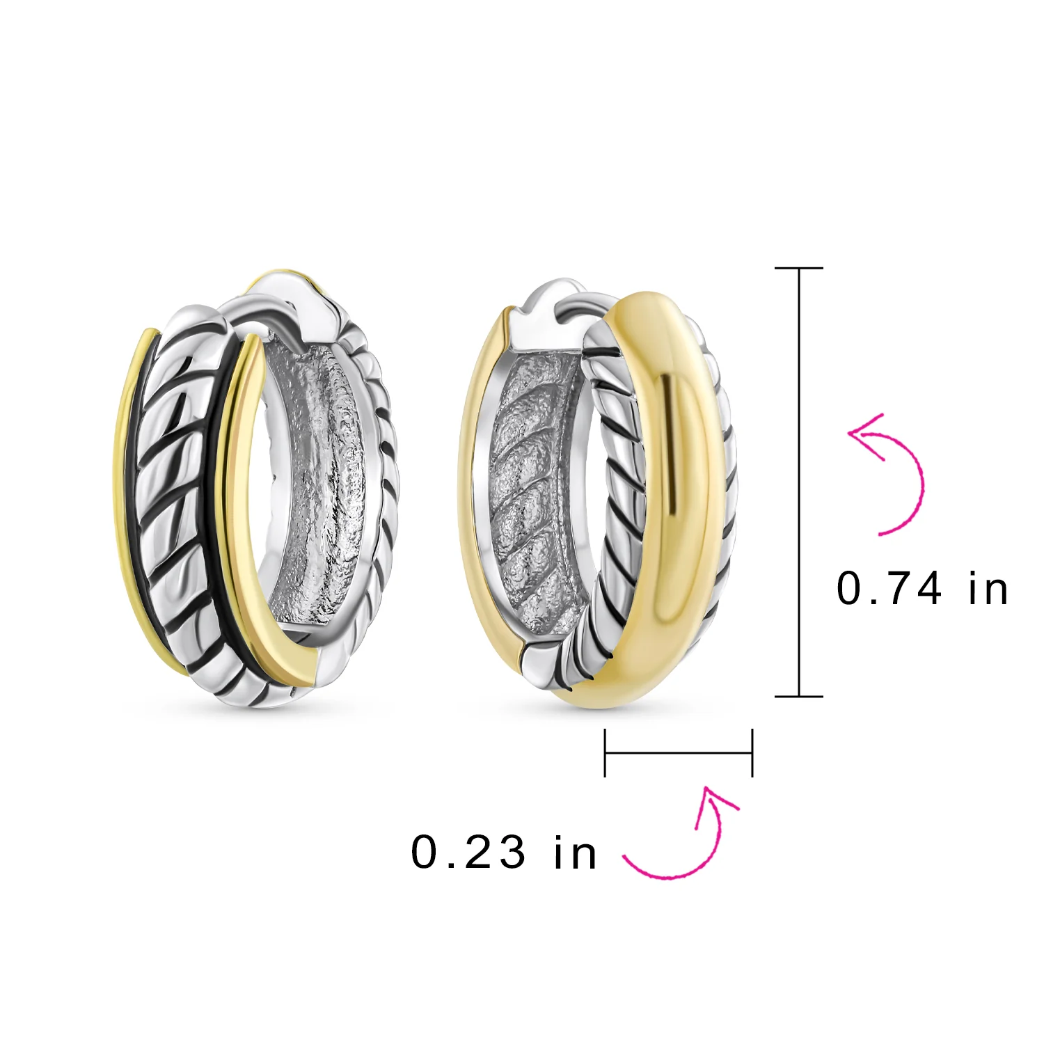 Two Tone Twist Cable Rope Hoop Huggie Earrings for Men Gold & Silver Plated - Image 3