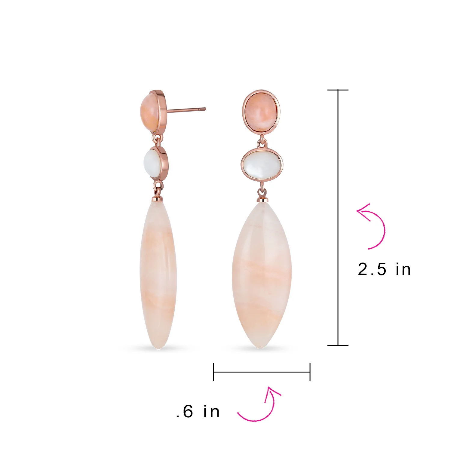 Unique Boho Dangle Gemstone Earrings White MOP & Pink Aventurine in Gold Plated - Image 4