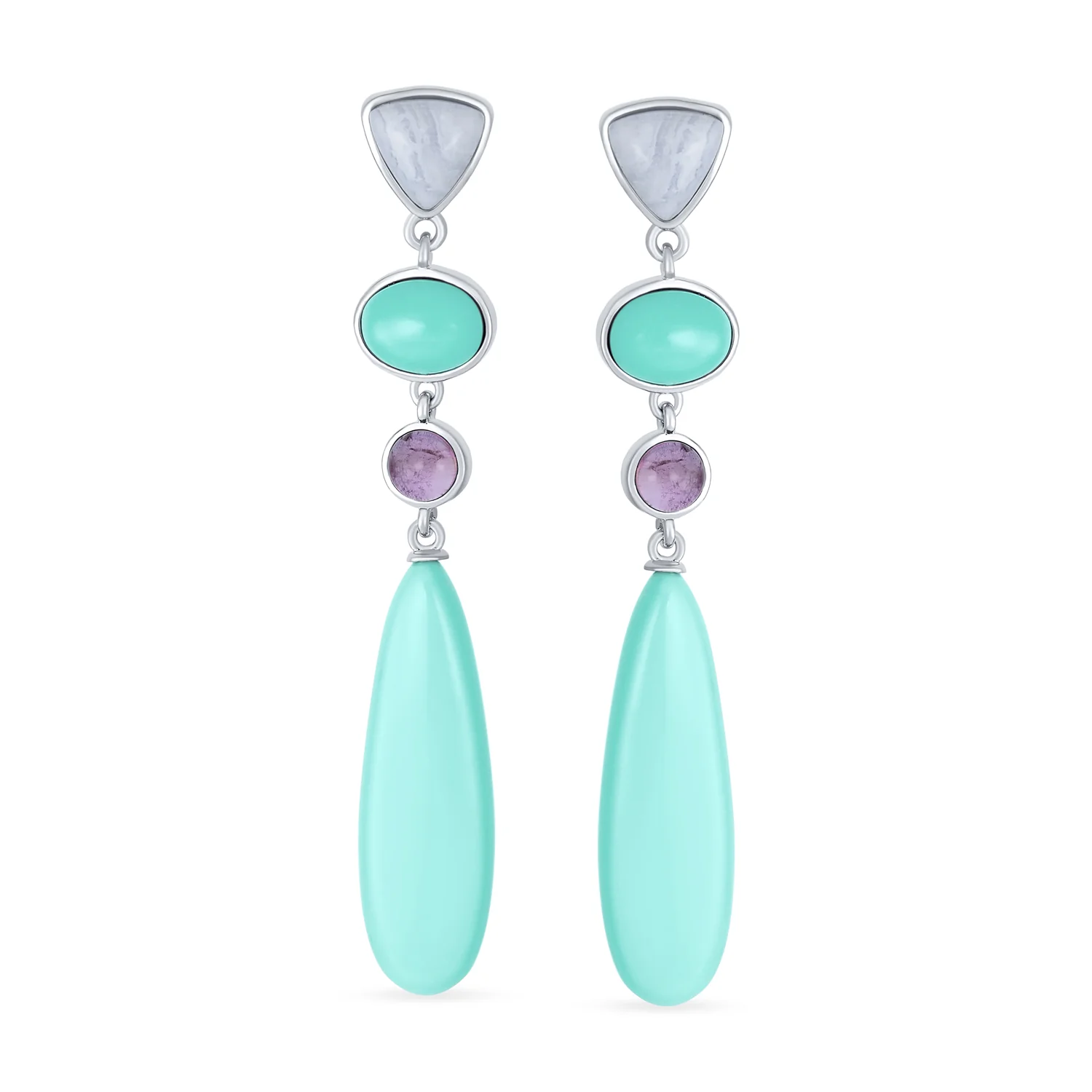 Unique Boho Geometric Dangle Gemstone Earrings in Silver with Turquoise Accents - Image 2