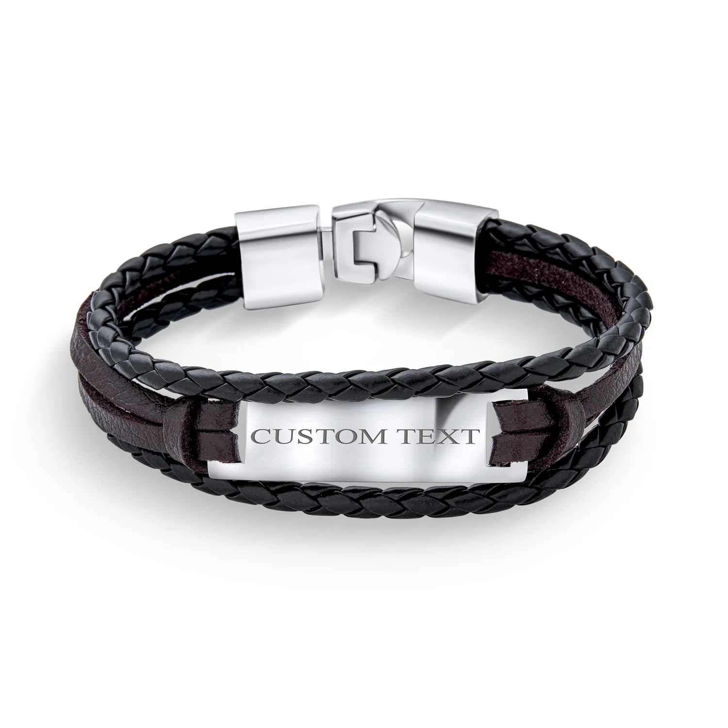 Black Cord Brown Leather ID Stacking Bracelet  Stainless - Image 3