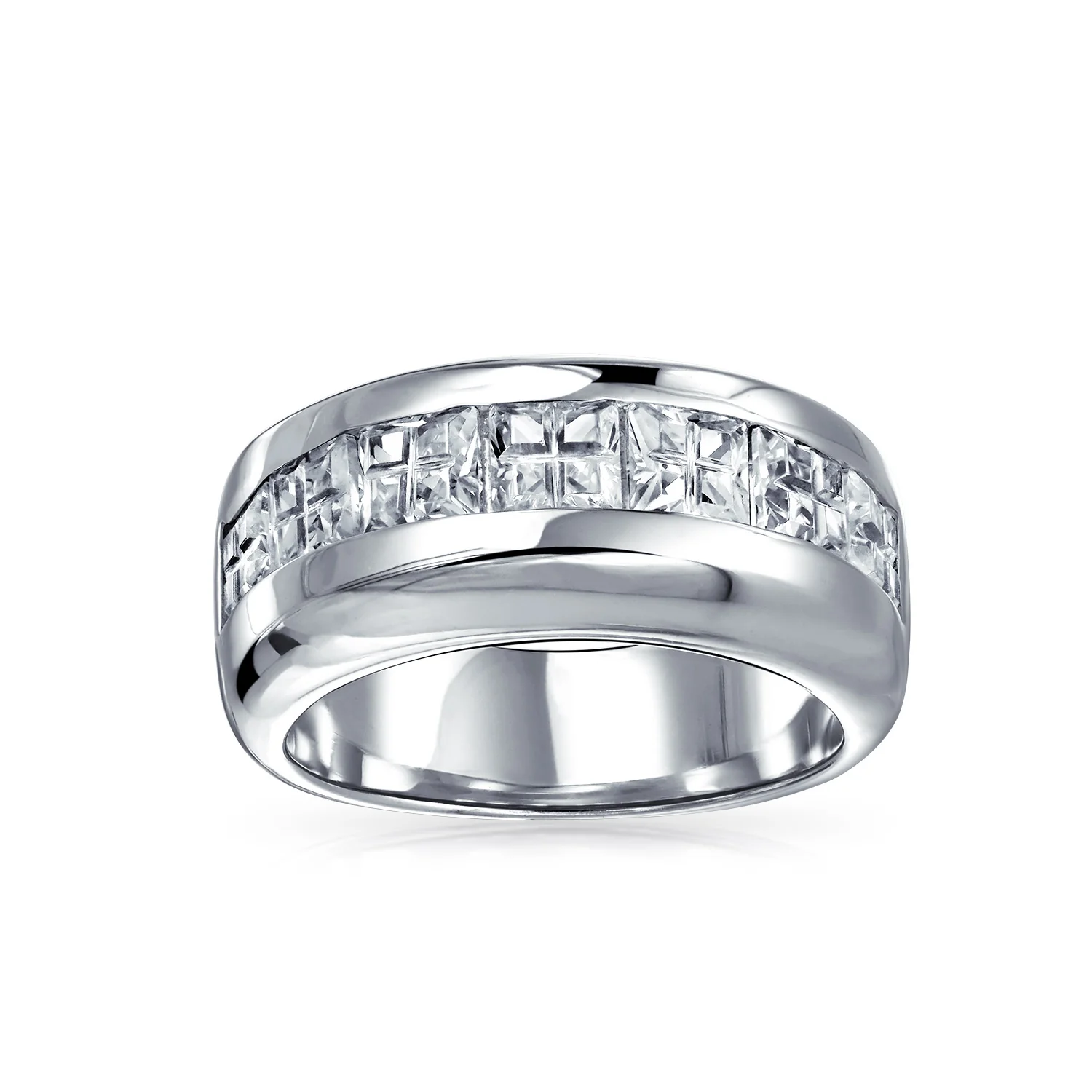 Channel Set CZ Cubic Zirconia Square Invisible Cut Wedding Band Ring .925 Sterling Silver 9MM - Image 3
