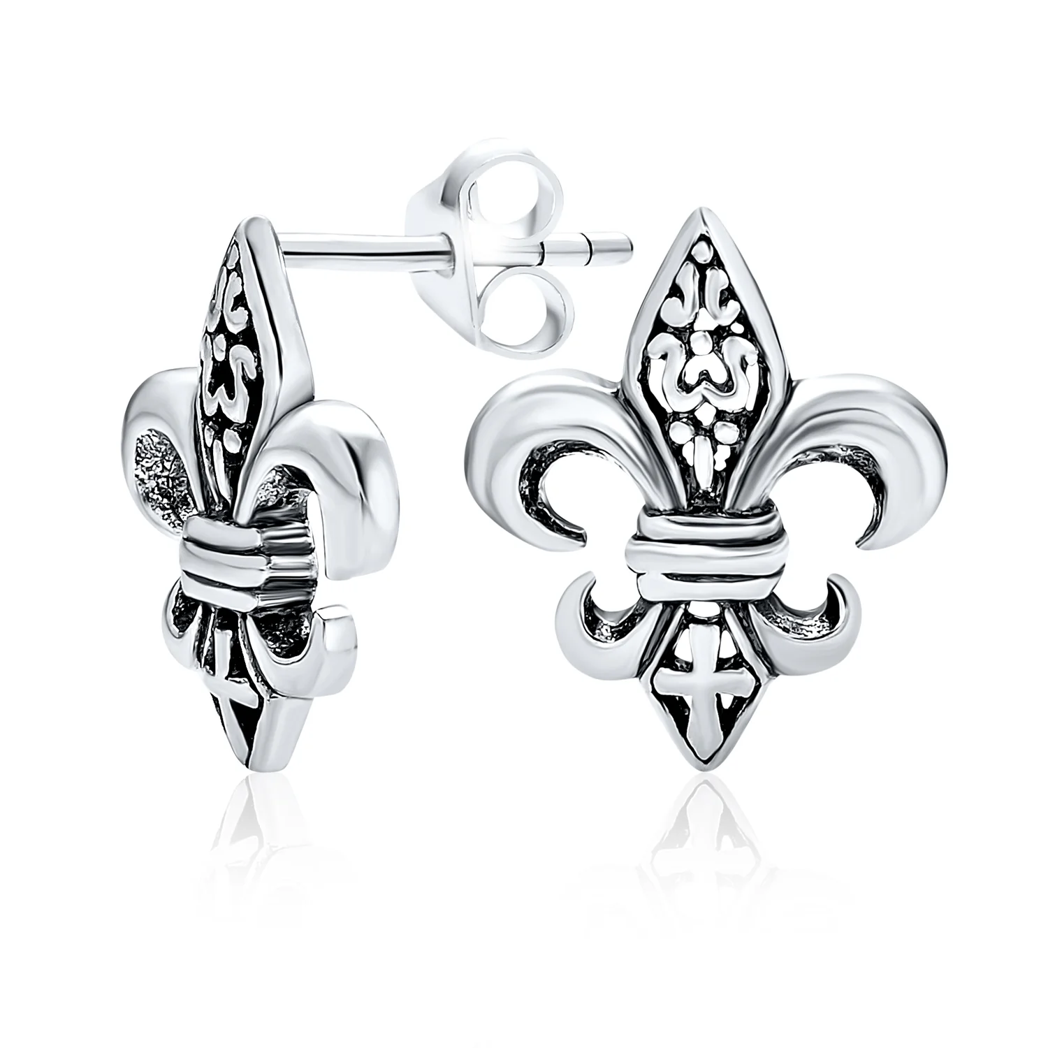 Fleur De Lis Stud Earrings in Oxidized Sterling Silver Men
