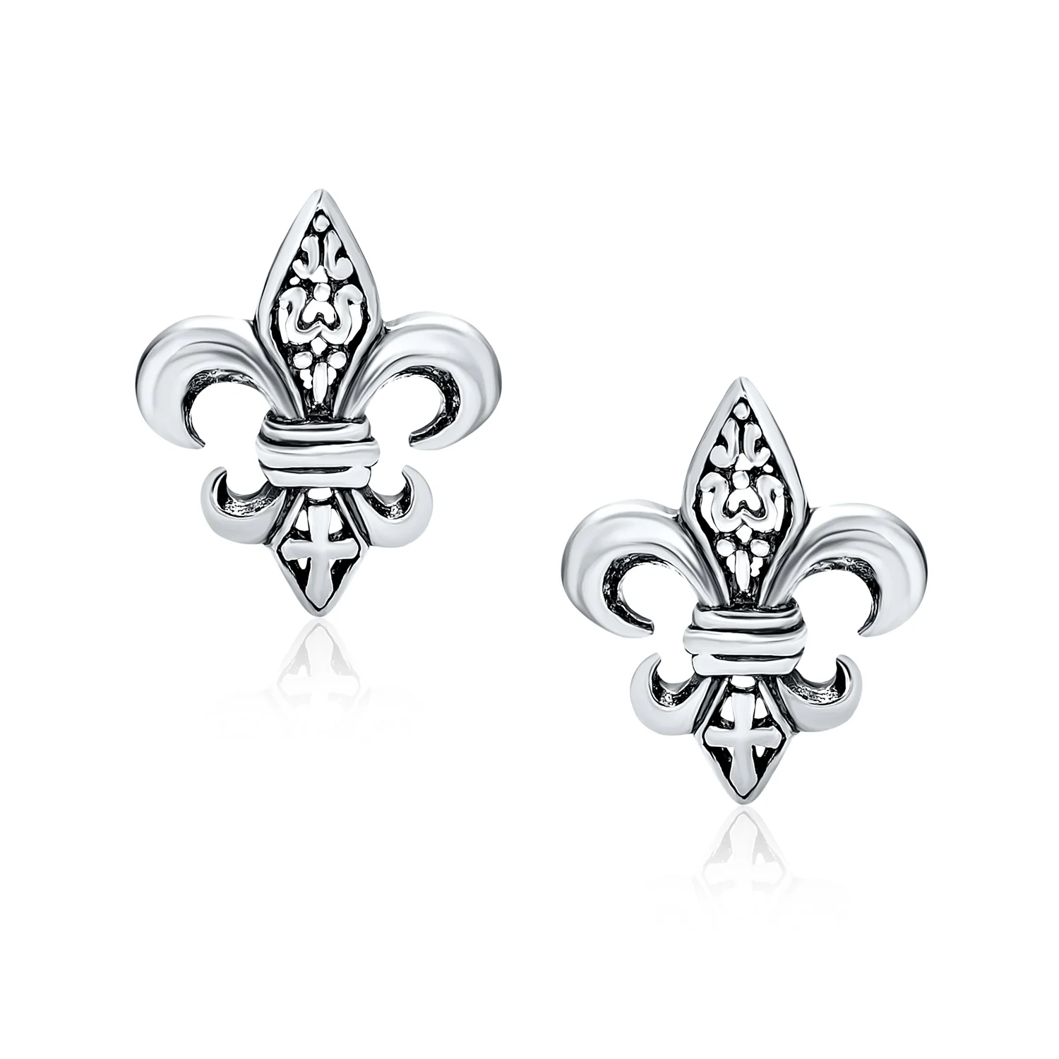 Fleur De Lis Stud Earrings in Oxidized Sterling Silver Men - Image 2