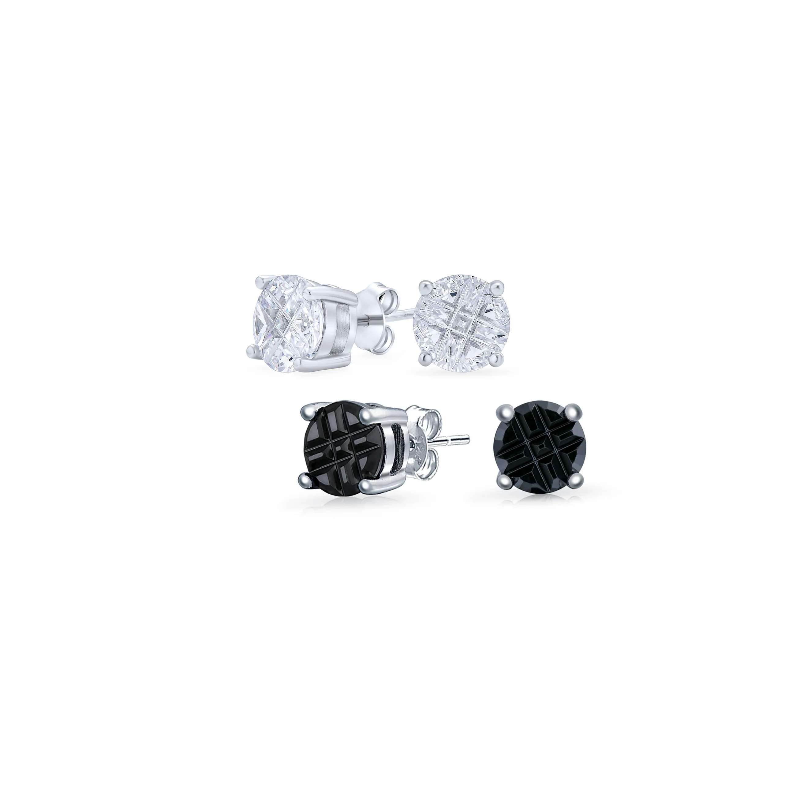 Set of 2 Round Black Clear Cubic Zirconia Invincible Cut Stud Earrings 5MM