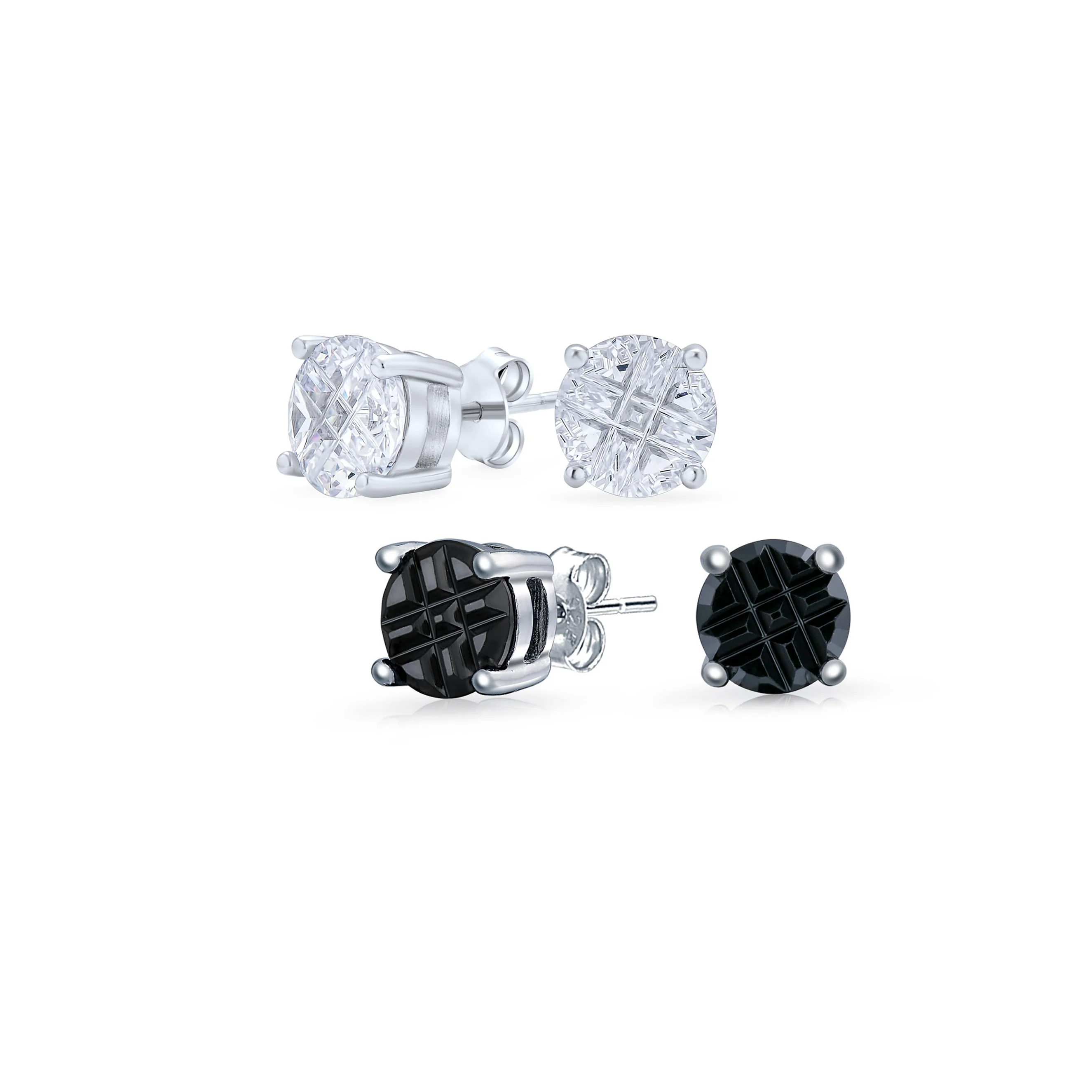 Set of 2 Round Black Clear Cubic Zirconia Invincible Cut Stud Earrings 5MM - Image 3