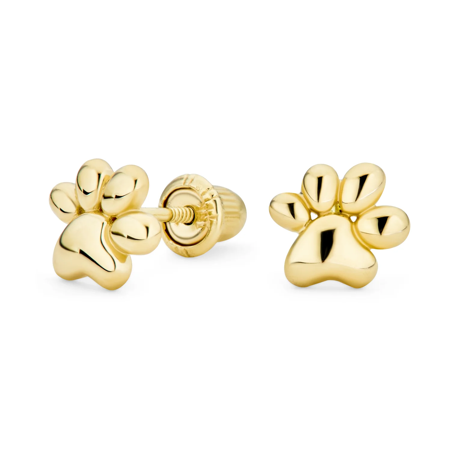 14K Gold Pet Paw Print Stud Earrings Safety Screwback