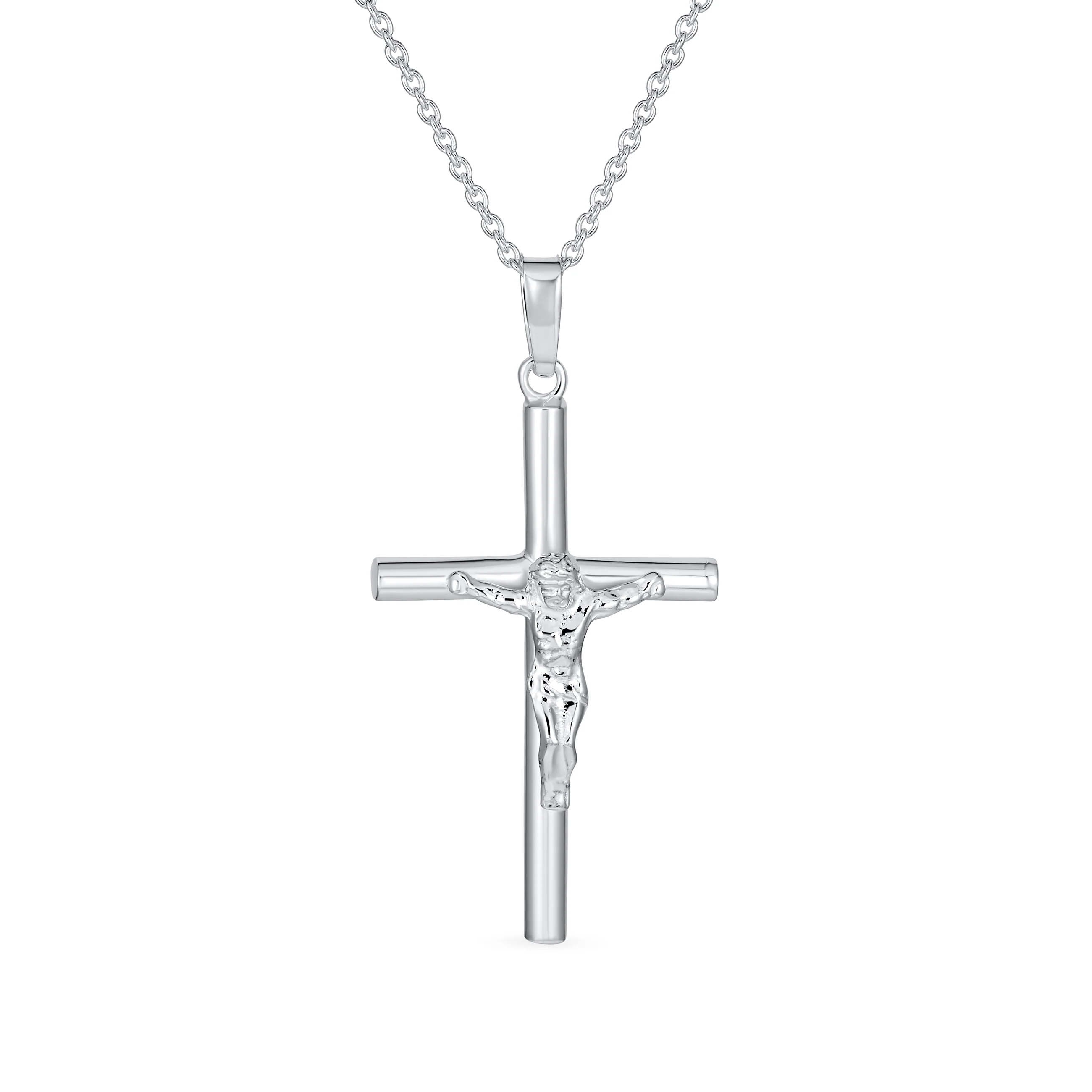 Religious Jewelry Jesus Crucifix Cross Pendant Necklace .925 Sterling Silver