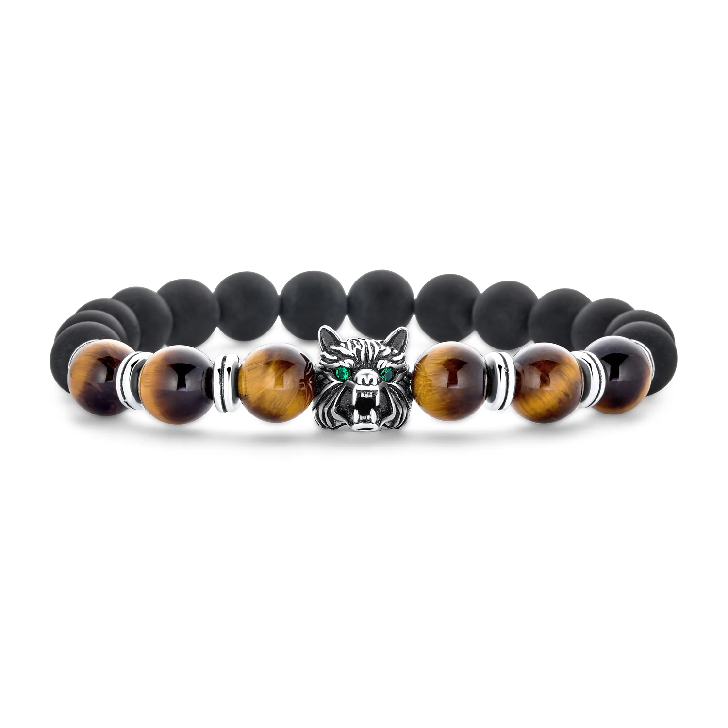 Set of 2 Wolf Face Onyx Lapis and Tiger Eye Bead Stretch Bracelet Gold Plated - Image 2