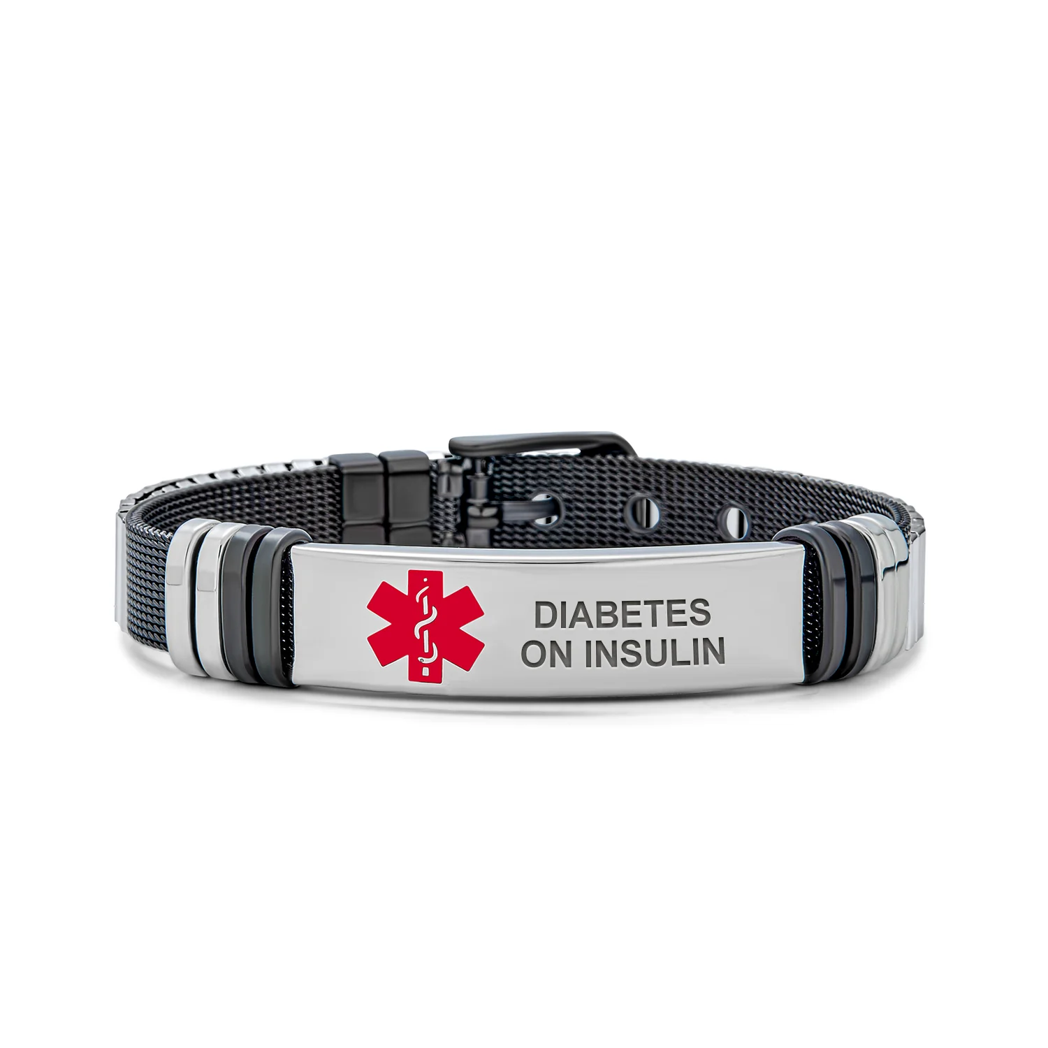 Medical ID Bracelet Black Stainless Mesh Wrist Band Men - Image 5