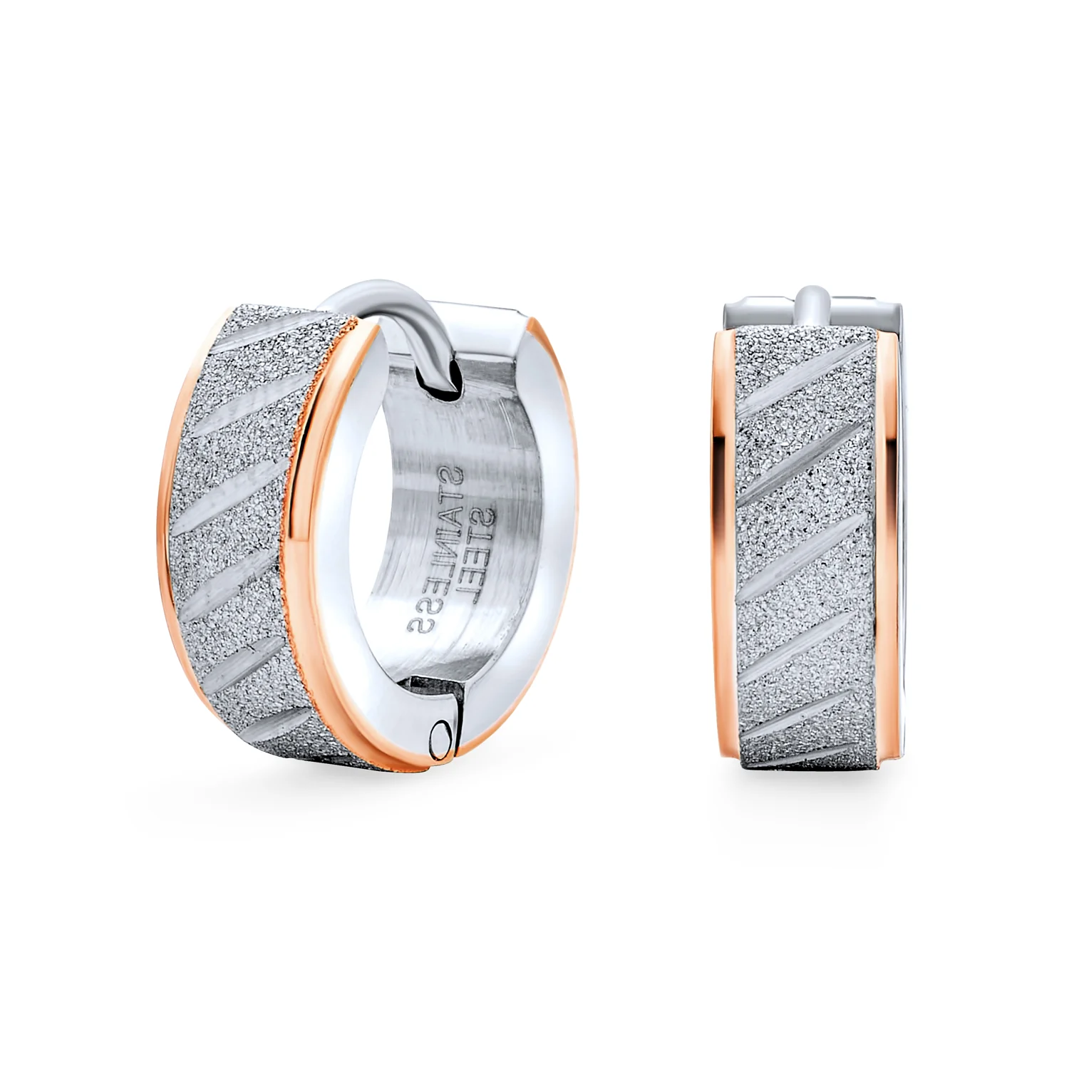 Mens Earrings Carved Hoop Huggie Rose Gold Silver Stainless - Image 2