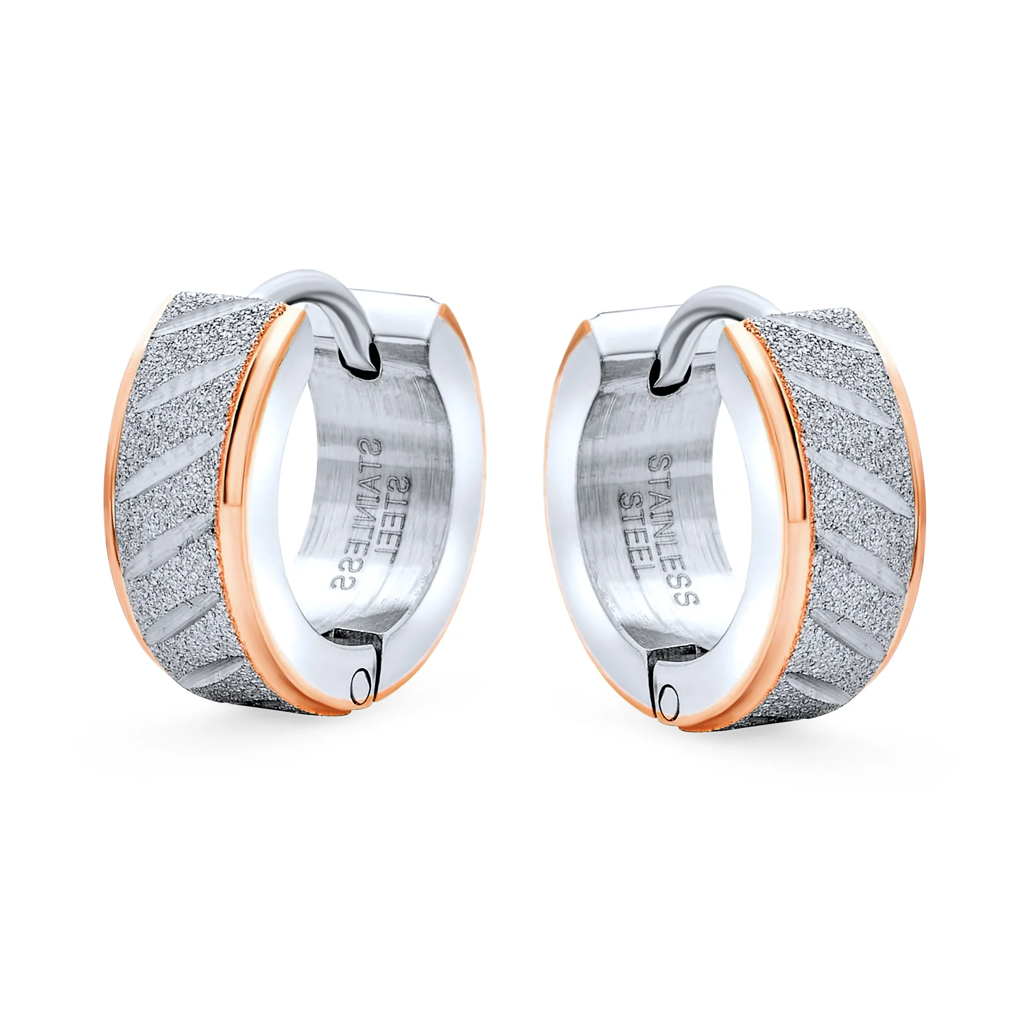 Mens Earrings Carved Hoop Huggie Rose Gold Silver Stainless - Image 4