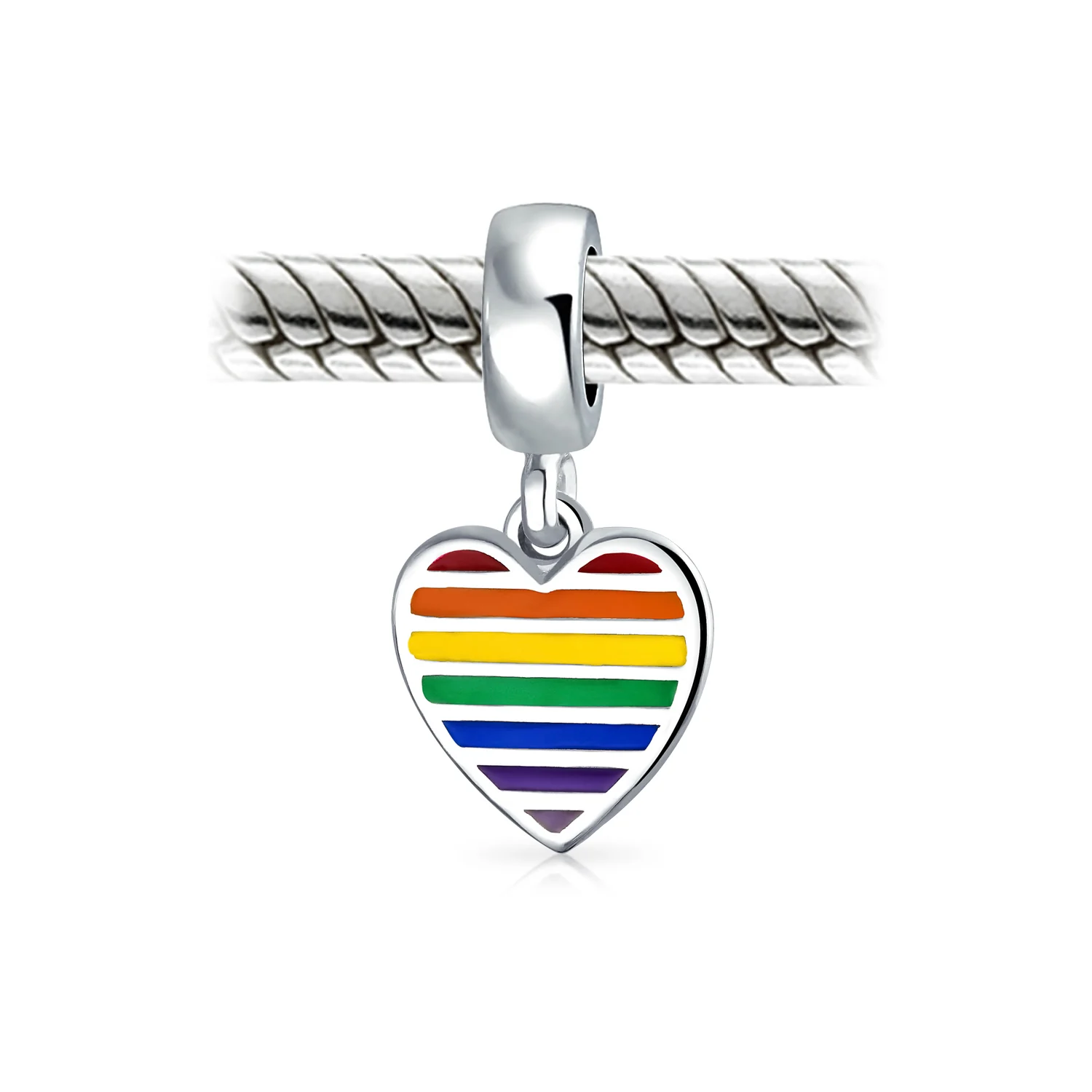Unisex Sterling Silver LGBTQ Rights Rainbow Heart Dangle Charm Bead Disc Tag - Image 2
