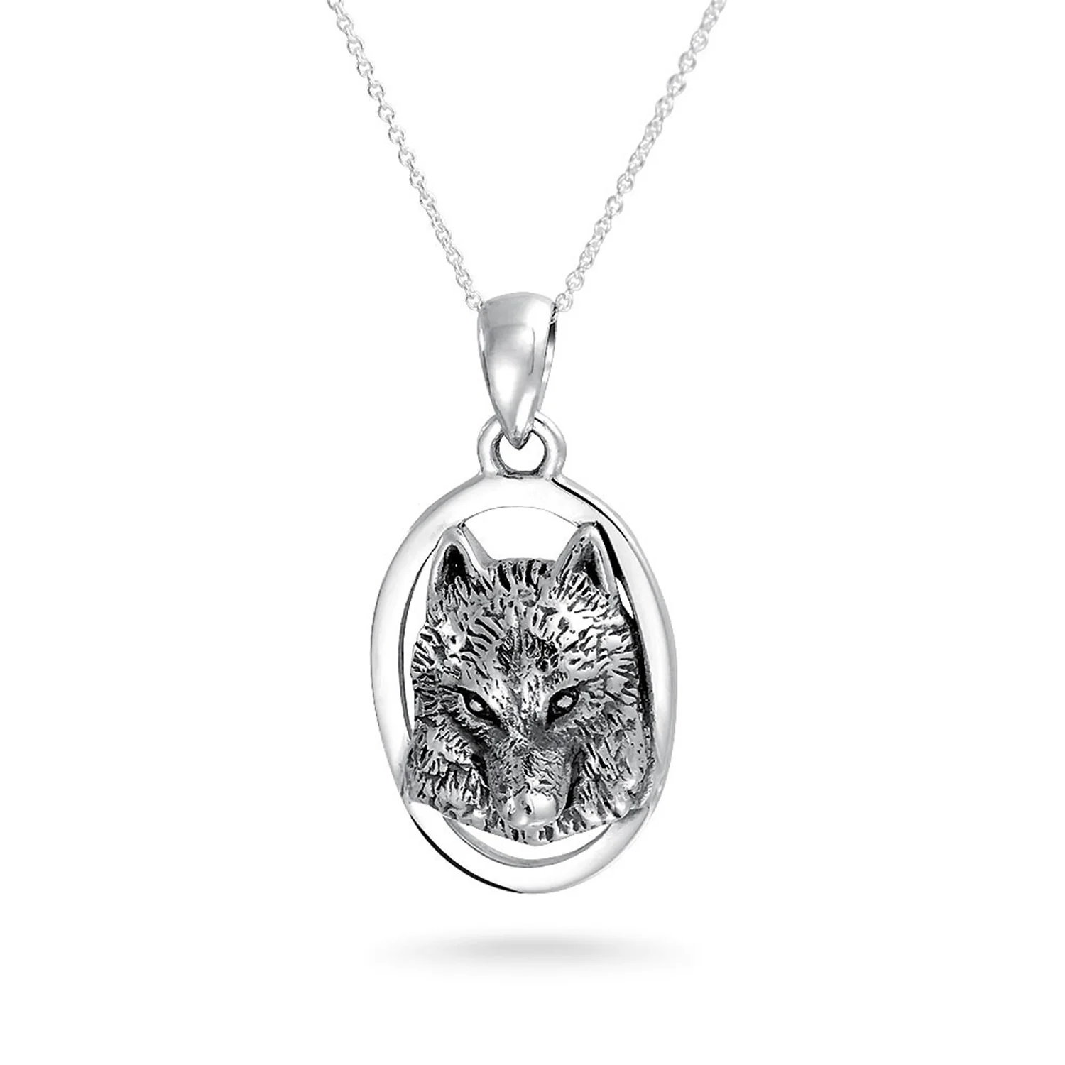 Wolf Pendant Necklace Oval Animal Totem Amulet Of Strength Oxidized .925 Sterling Silver