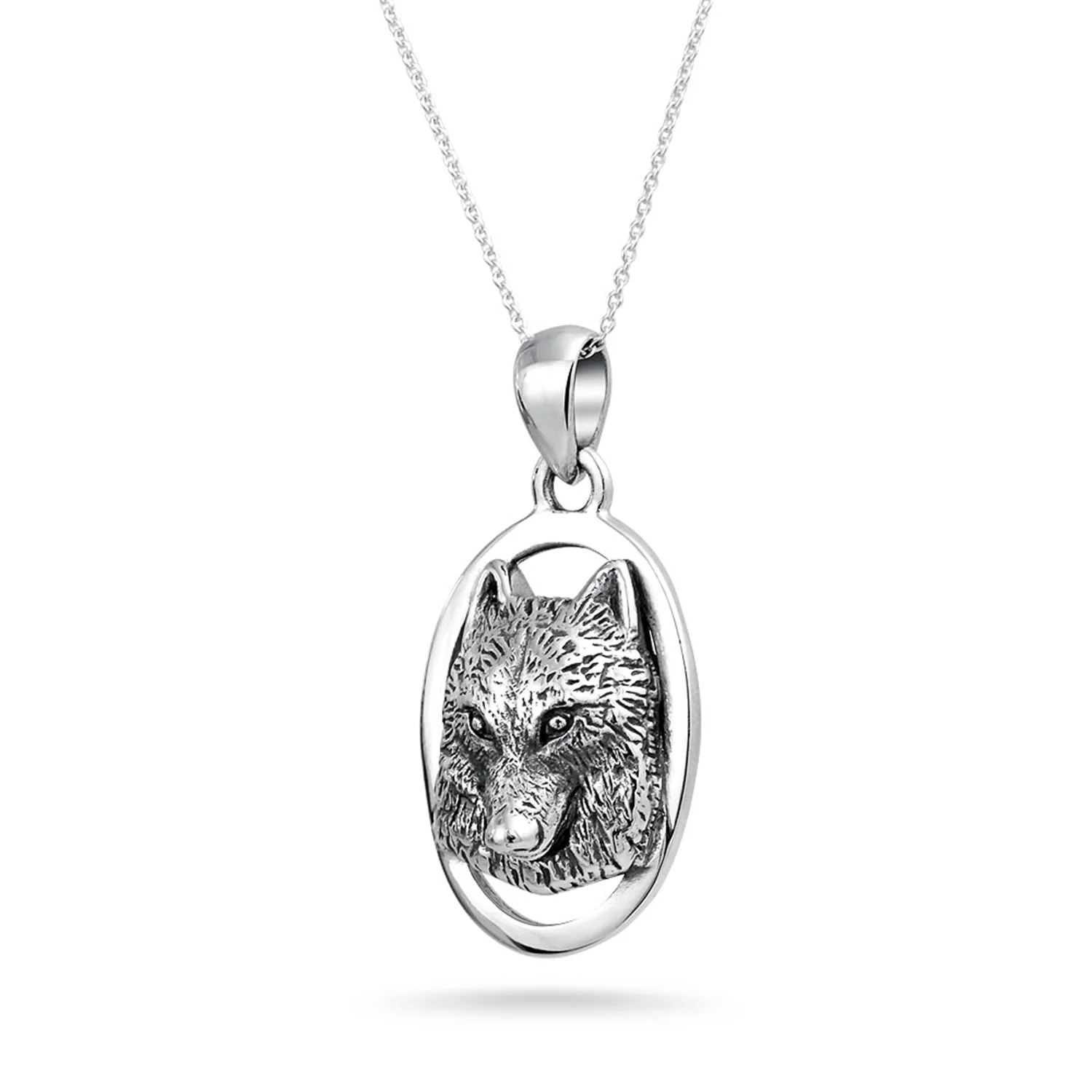 Wolf Pendant Necklace Oval Animal Totem Amulet Of Strength Oxidized .925 Sterling Silver - Image 2