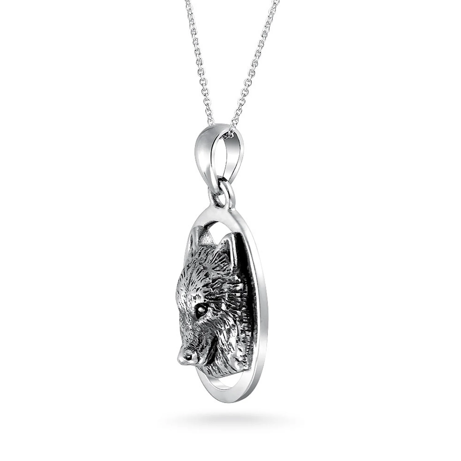 Wolf Pendant Necklace Oval Animal Totem Amulet Of Strength Oxidized .925 Sterling Silver - Image 3
