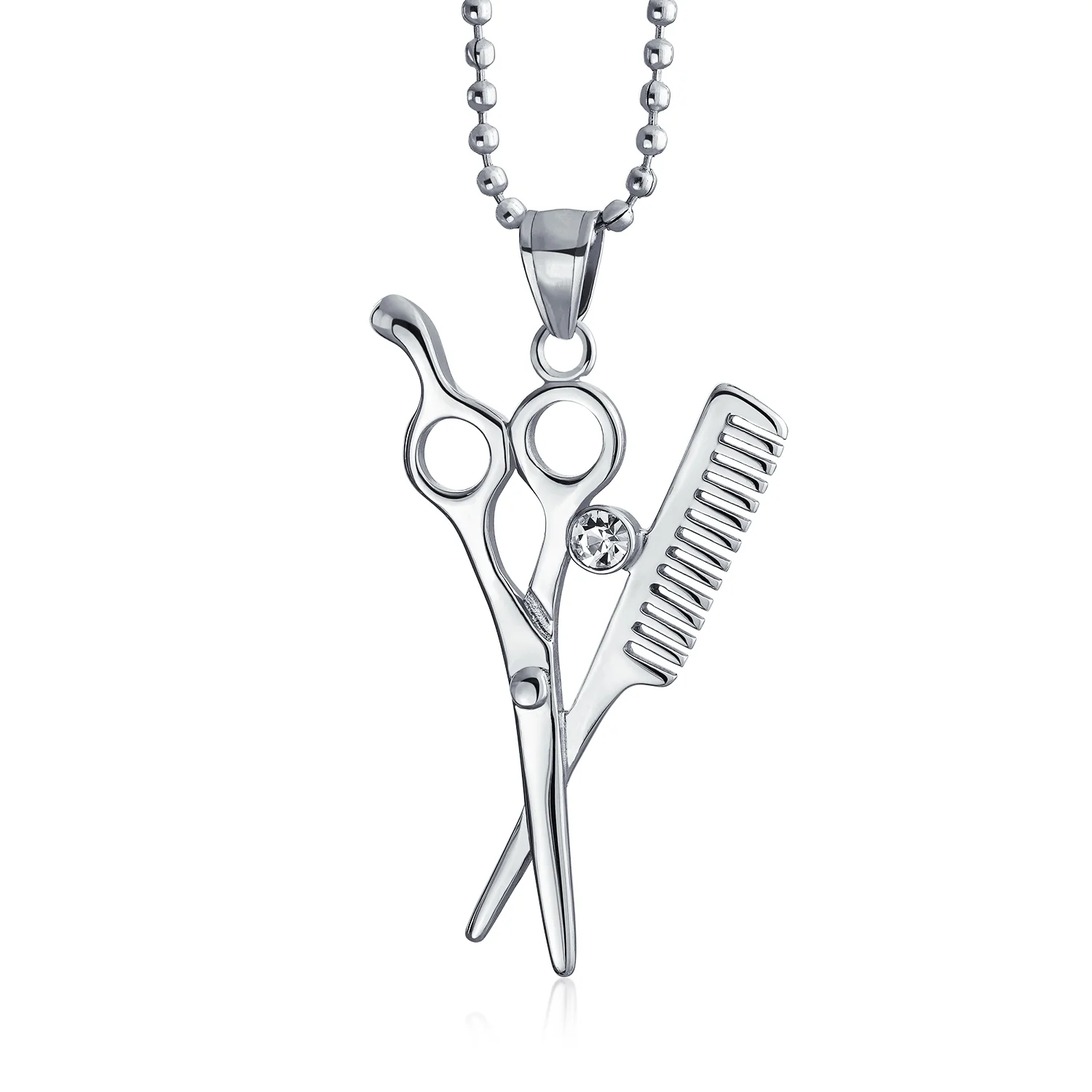 Whimsical Scissors Comb Pendant Necklace Crystal Accent Stainless Steel Chain